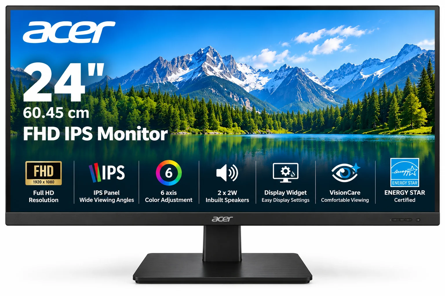 Acer 60.45 cm (24 inch) Full HD LED Backlit IPS Panel with 6 axis Color Adjustment, 2X2W Inbuilt Speakers, Display Widget, VisionCare, ENERGY STAR Certified, Robust – UM.QX2SS.601