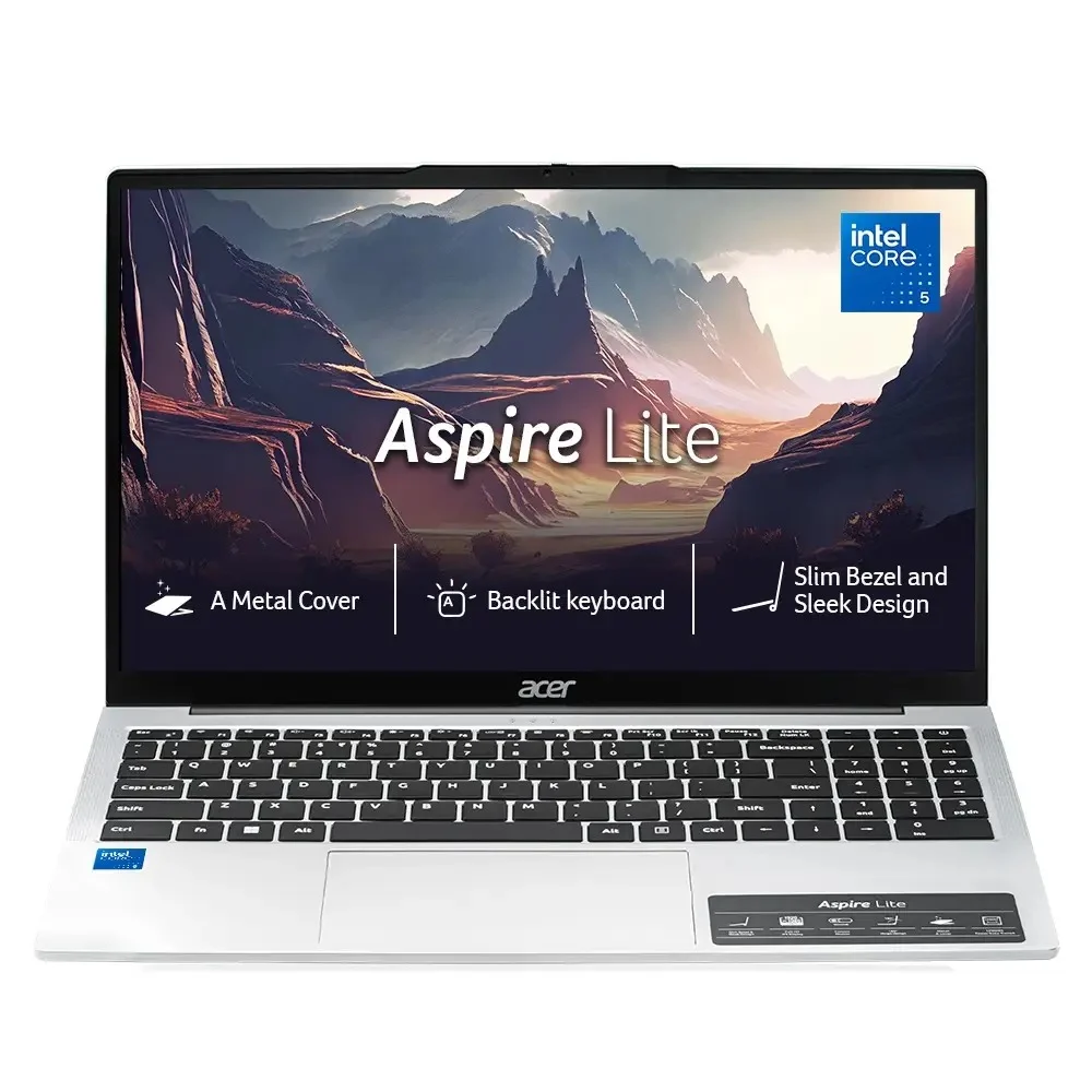 Acer Aspire Lite, Intel Core 5 processor 210H, Windows 11 Home + MS Office, 12 GB RAM, 512 GB SSD, 15.6" (39.624 cm) display, Pure Silver, AL15-52H, 1.70 kg Thin and Light Laptop