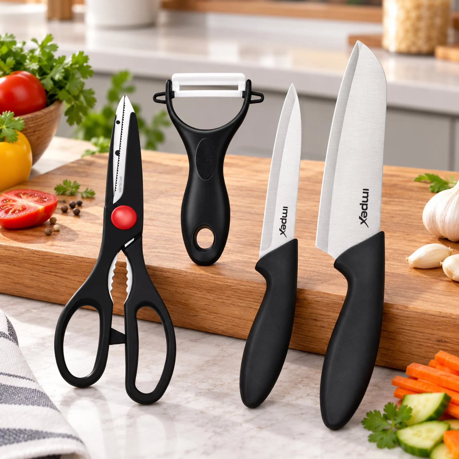 Impex KS 4 Stainless Steel 4-Piece Knife Set with Non-Toxic Handles and Ceramic Peeler
