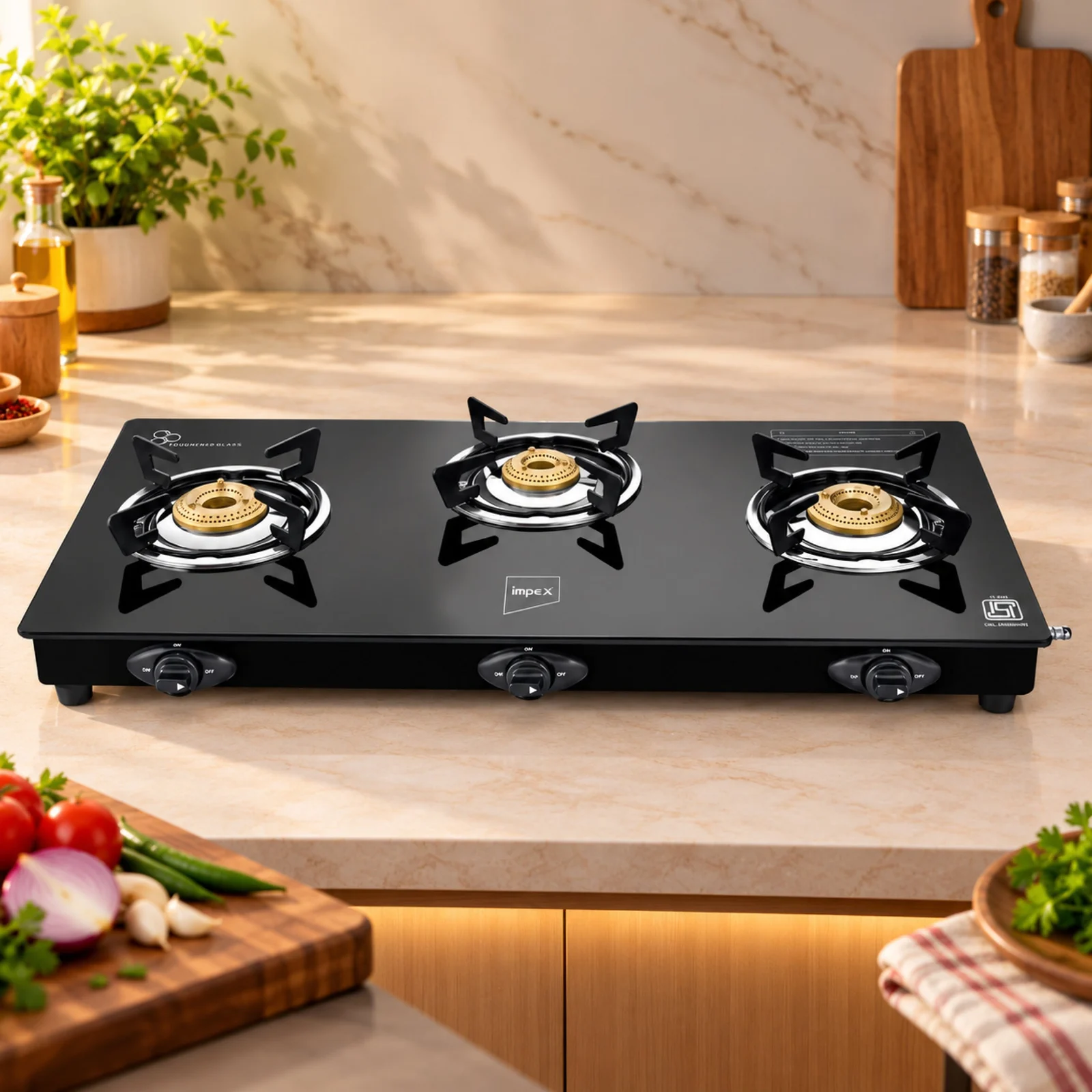 Impex Specta 3B Neo 3 Burner Gas Stove | Toughened Glass Top | Brass Burners | Black