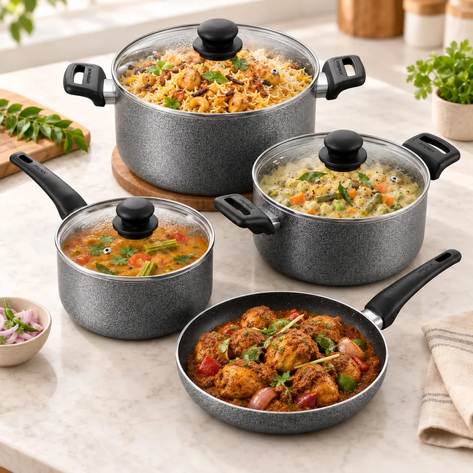 Impex 7-Piece Granite Coated Nonstick Cookware Set RHUK8N | Gas & Induction Compatible | Hammer Tone Finish