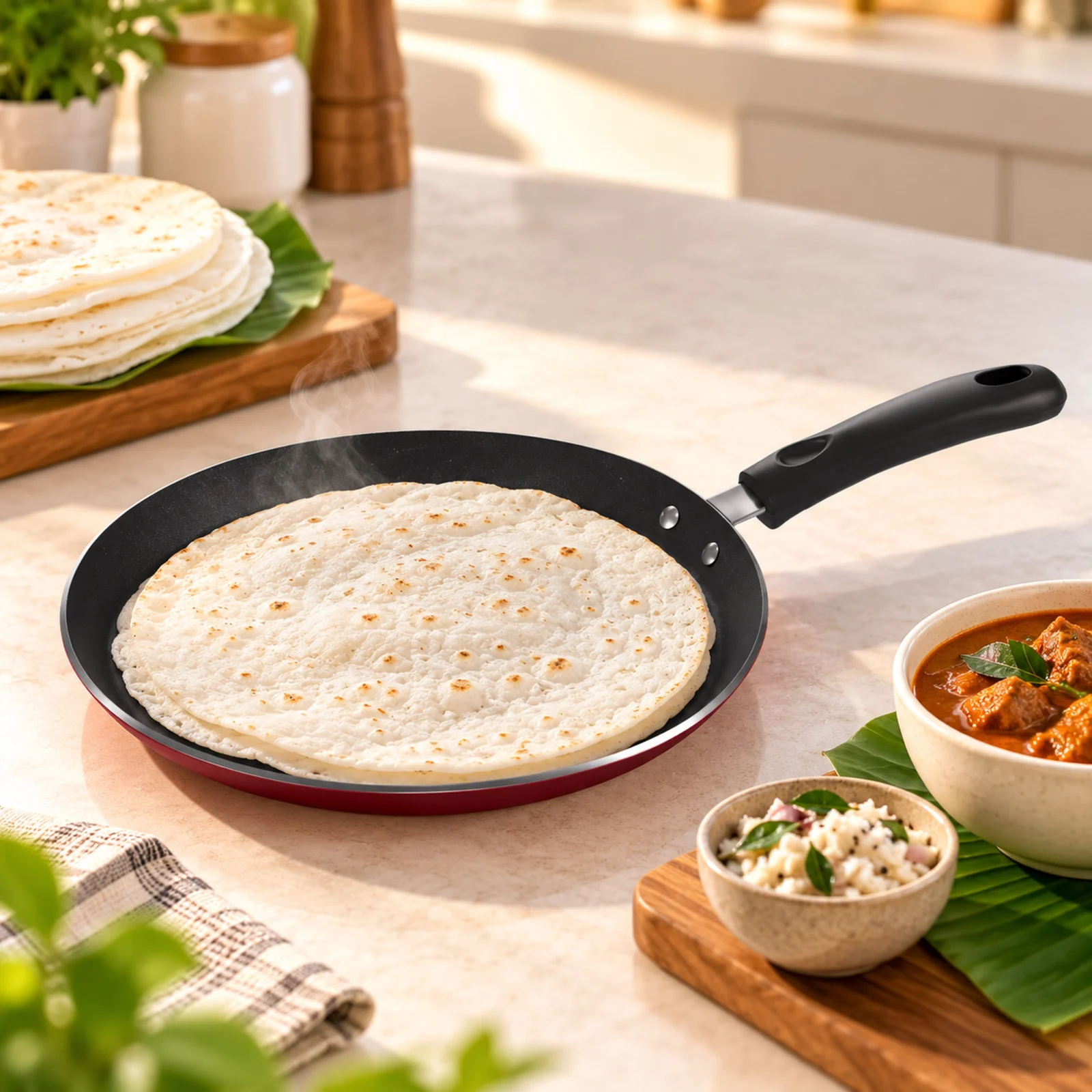 Impex ITP-2620 26cm Nonstick Pathiri Pan (Maroon) | Aluminium Tawa with Teflon Coating | PFOA-Free | Induction Base | Heat-Resistant Bakelite Handle