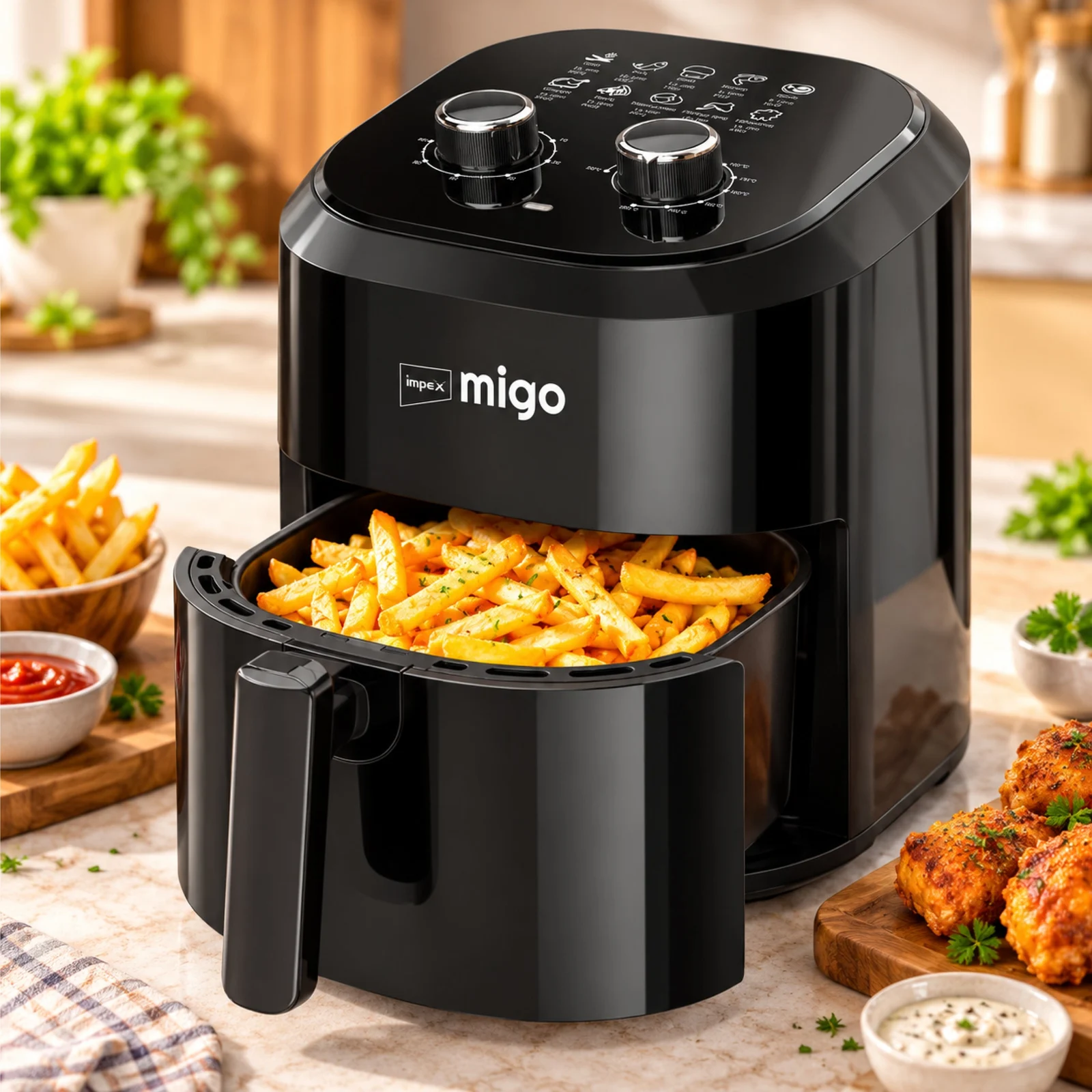 Impex MIGO AirFryer 4.5 L Black |1200W Oil-free Cooking | Fry, Grill, Roast, Steam, and Bake | 2 Years Warranty