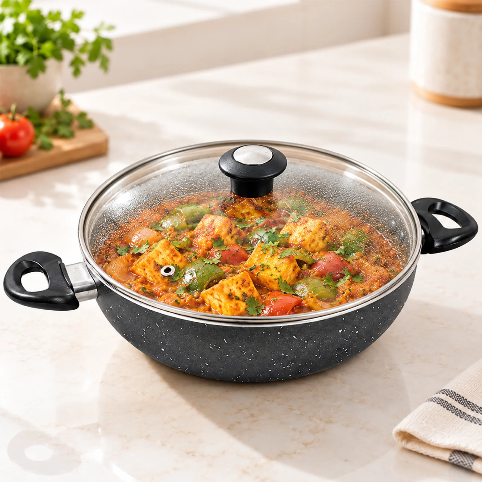 Impex MIGO MKP 24 Non Stick Aluminium Kadai Pan with Glass Lid | Induction Base | Heatproof Handles | PFOA-Free | Heat-Resistant Exterior Paint