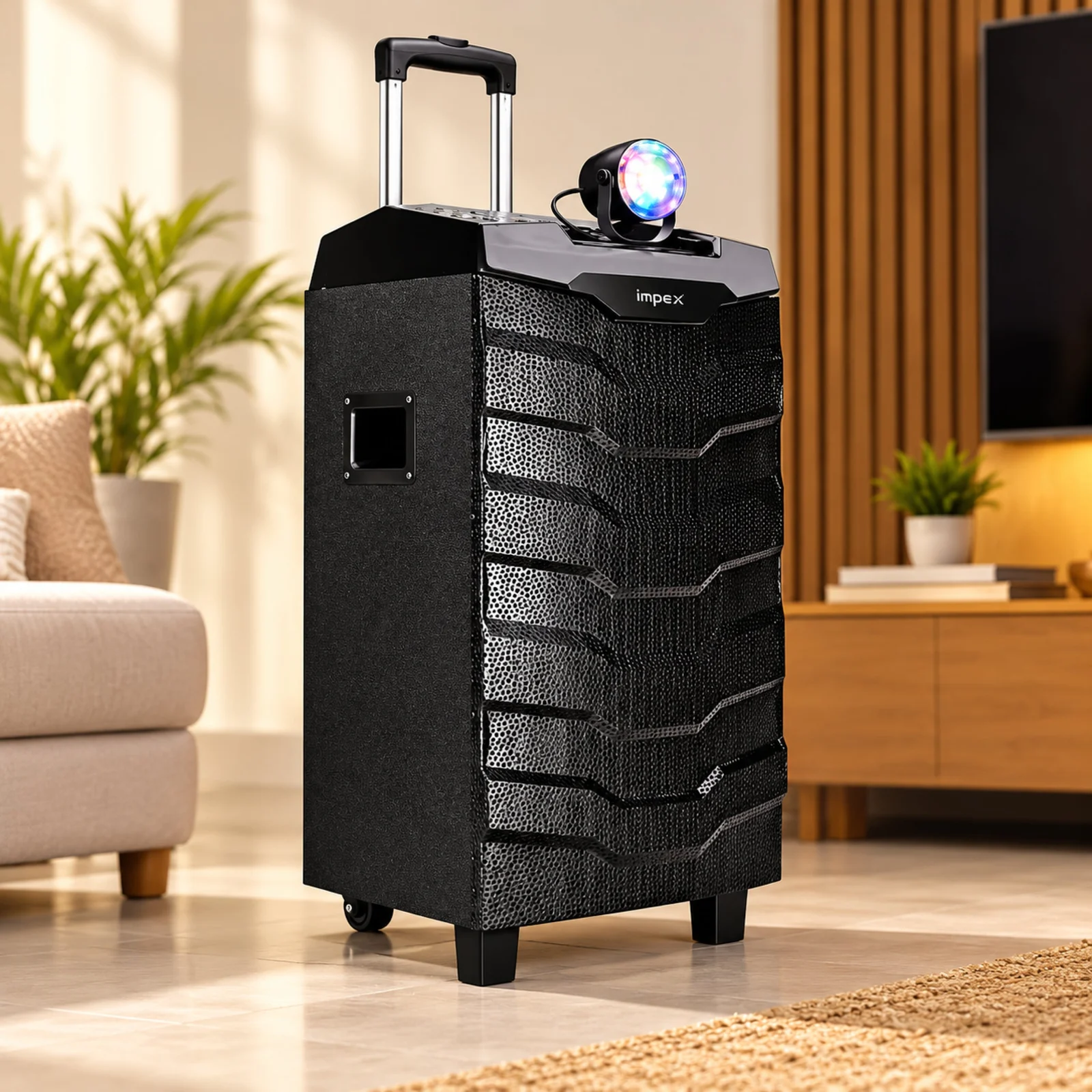 Impex TS-1101 Portable Trolley Speaker | 100W RMS | Bluetooth | Wireless Mic | USB/TF/FM/AUX | LED DJ Lights | Recording Function | Remote Control