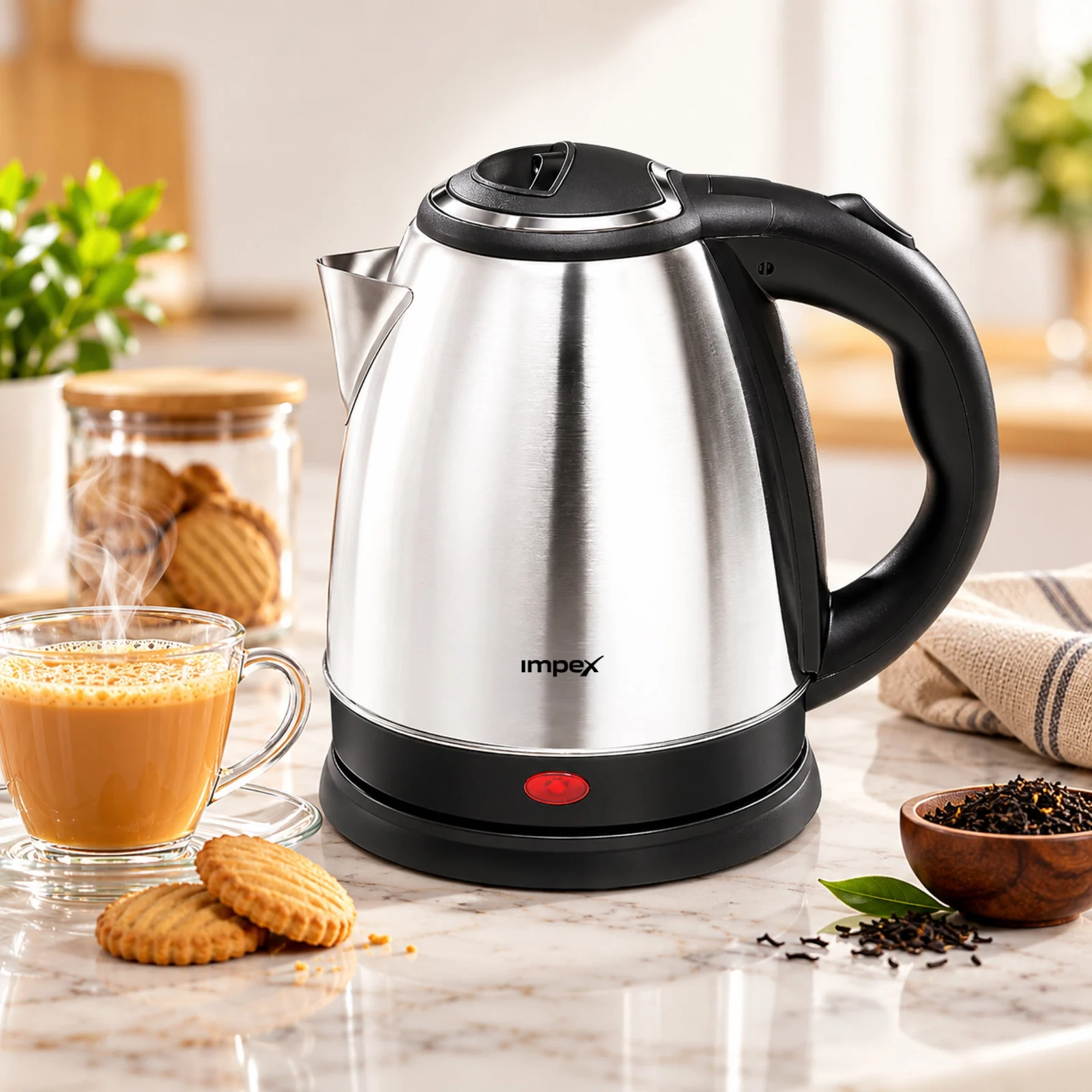 Impex STEAMER-1801 Stainless Steel Electric Kettle | 1.8L | 1500W | Triple Thermostat | Auto Shut-Off | Dry Boil Protection | 360° Rotatable Base