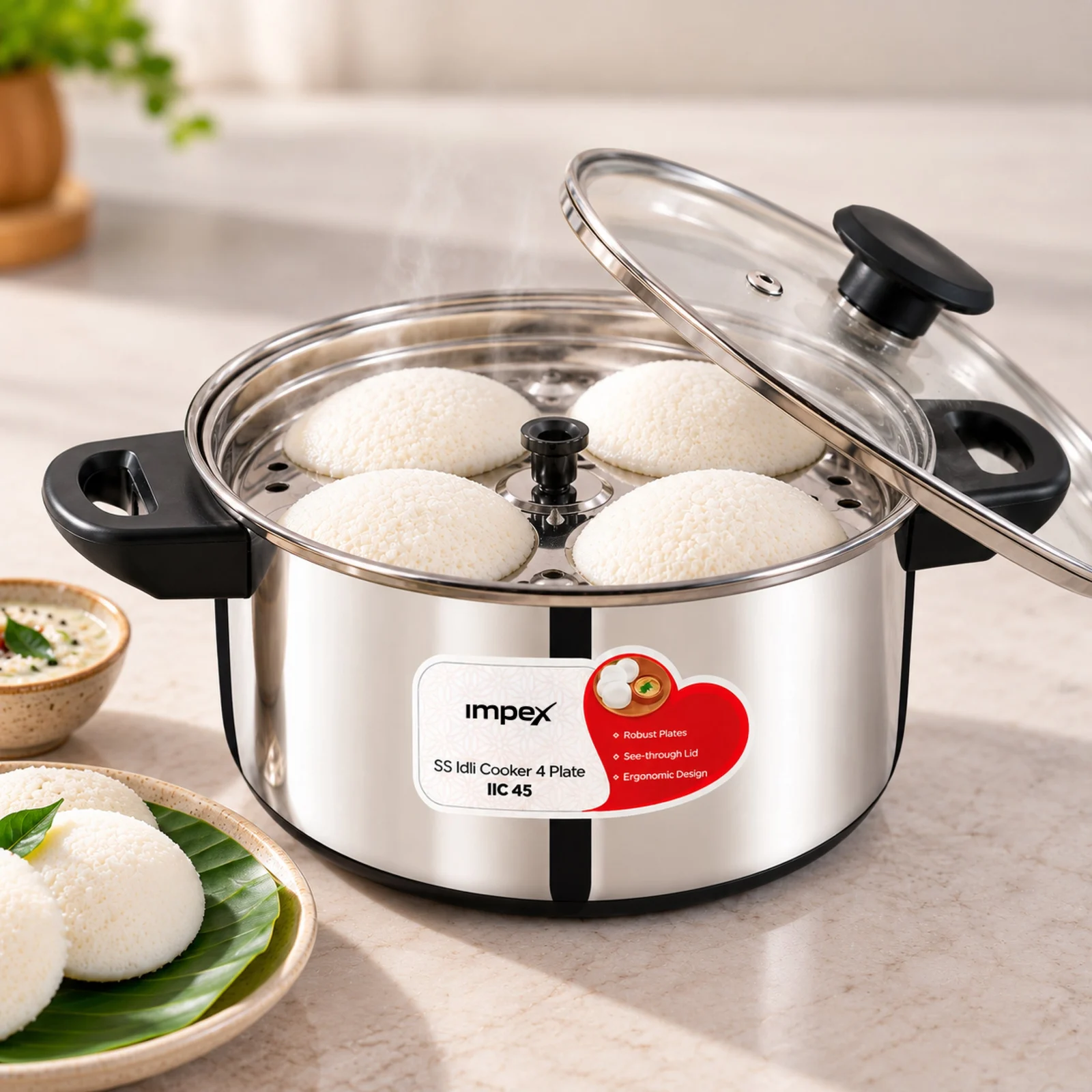 Impex IIC 45 Stainless Steel Idli Cooker | 4.5 Litre | Induction Compatible | Glass Lid | 1 Year Warranty