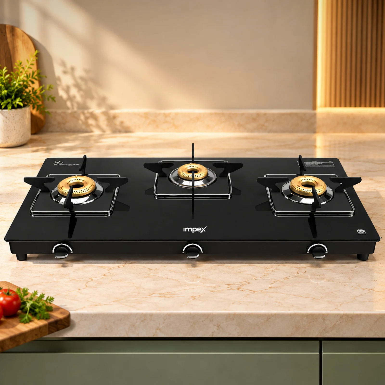 Impex Aspira Glaze 3 Burner Glass Top Gas Stove | 2 Jumbo + 1 Brass Burner | Stainless Steel Spill Base | Blue Flame | 68% Thermal Efficiency | 2 Year Warranty
