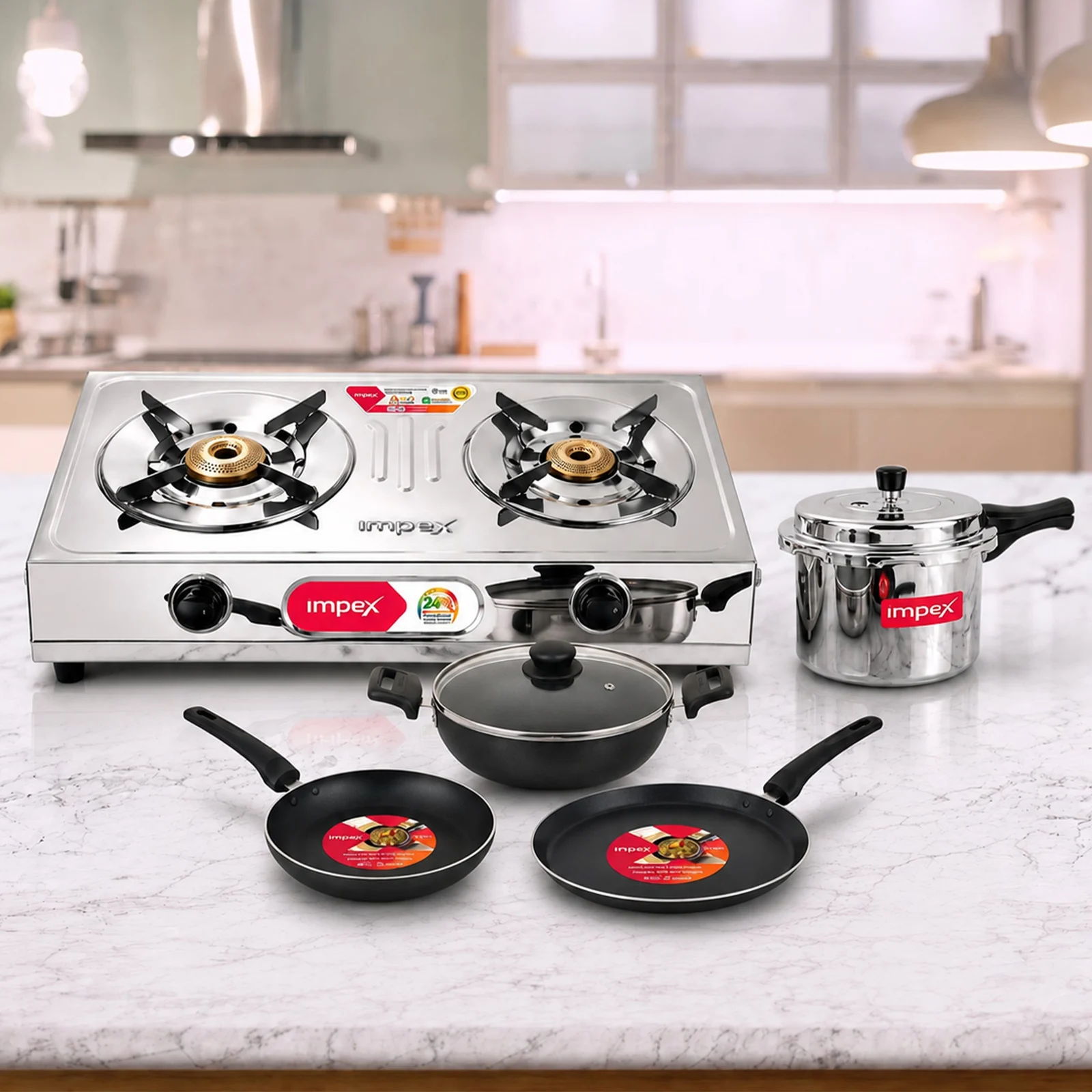 Impex Super Saver Combo - 2 Burner Gas Stove + 3L Pressure Cooker + 4 Piece Non Stick Cookware Set