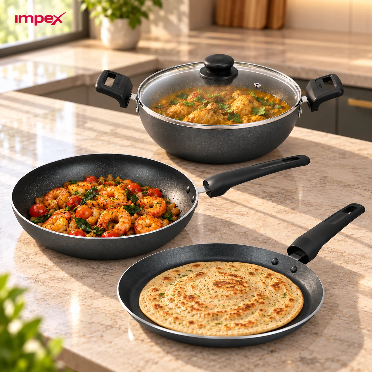 Impex NV 444R 4-Piece Non-Stick Cookware Set | Tawa, Fry Pan & Kadai | Induction Compatible | 1 Year Warranty