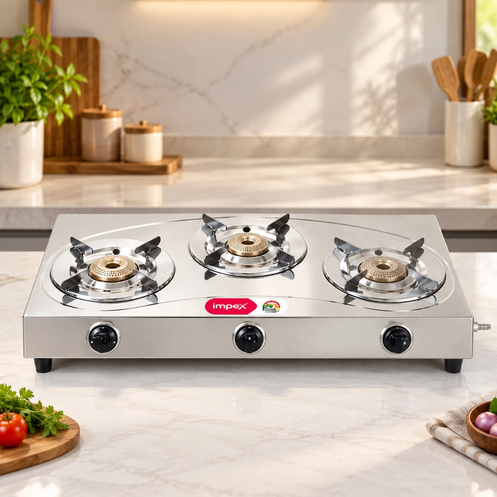 Impex EFFICIO 3B LERC Stainless Steel 3 Burner Gas Stove | 74% Thermal Efficiency | High-Grade SS Body | 5-Year Warranty