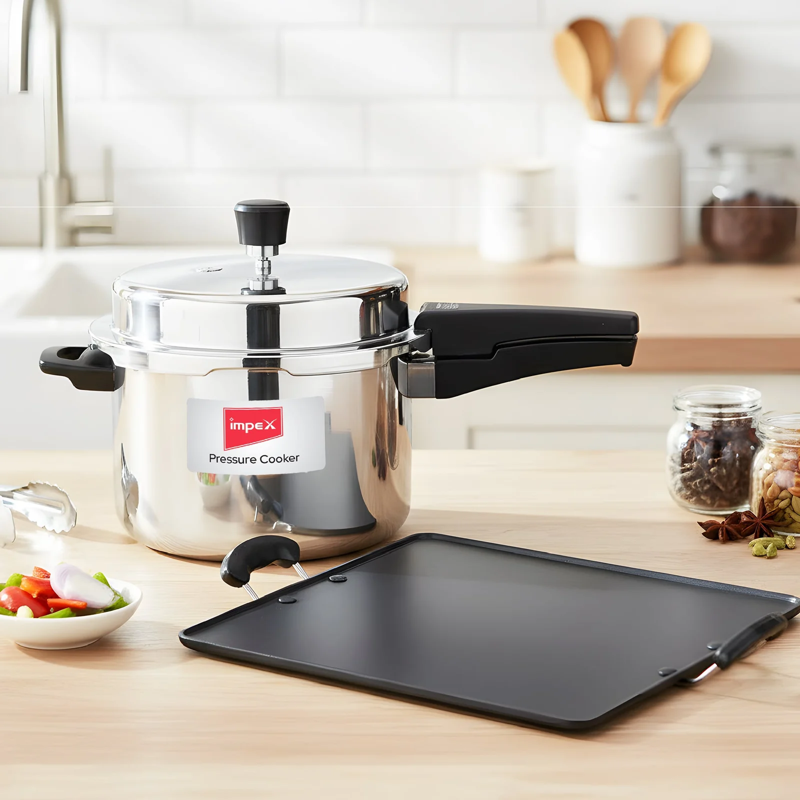 Impex 3L Stainless Steel Pressure Cooker + 34cm Square Pathiri Tawa Combo | Fast & Even Cooking | Durable Kitchen Essentials