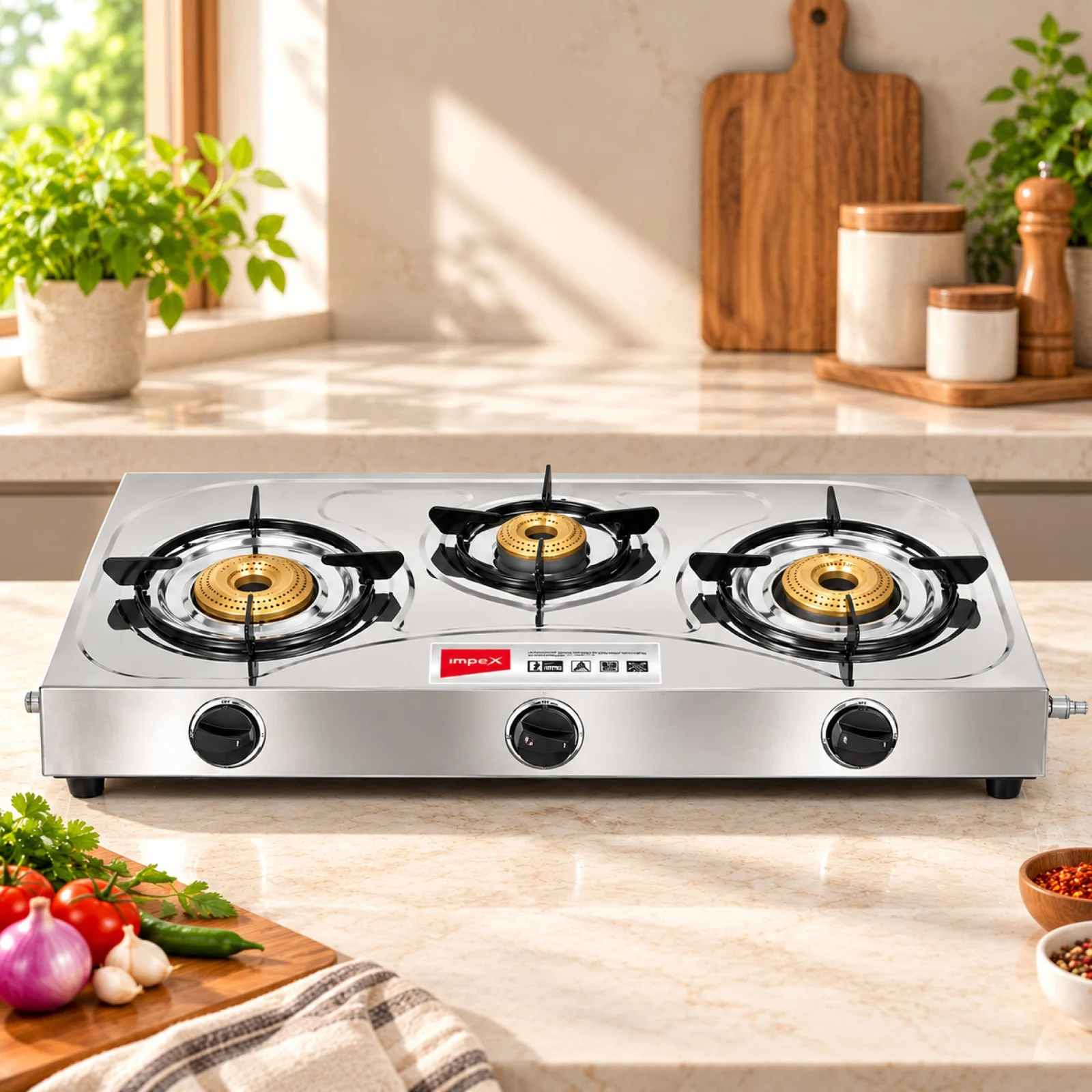 Impex Aura 3B Stainless Steel 3 Burner Gas Stove | Jumbo & 2 Medium Burners | Rust-Resistant | 2-Year Warranty