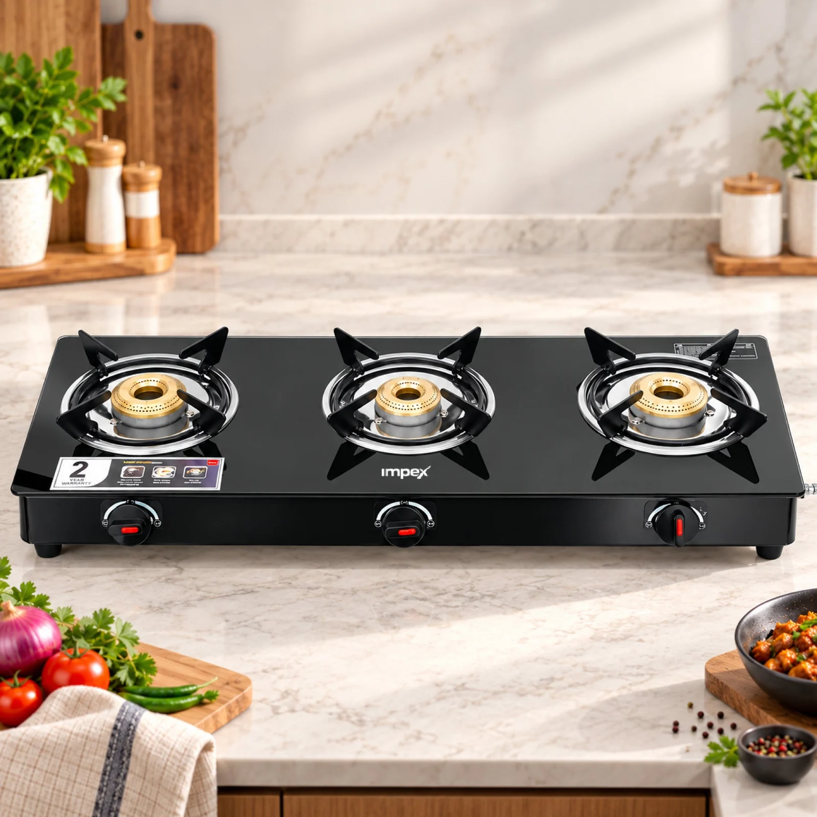 Impex Welfire 3B Gas Stove | 3 Brass Burners | Toughened Glass Top | ISI Certified | Powder-Coated Body