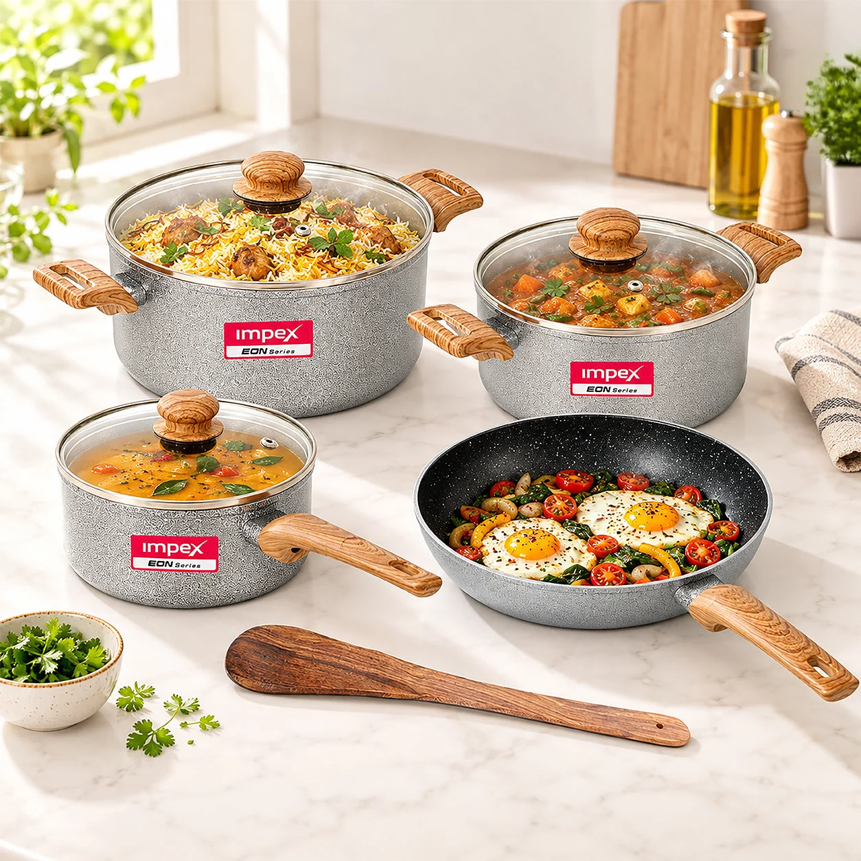 Impex EON Forged 8 Pcs Set NCB Nonstick Cookware Set (Grey Hammertone) | Granite Coating | Gas & Induction Compatible | Wooden Handles | Wine Red | 1 Year Warranty