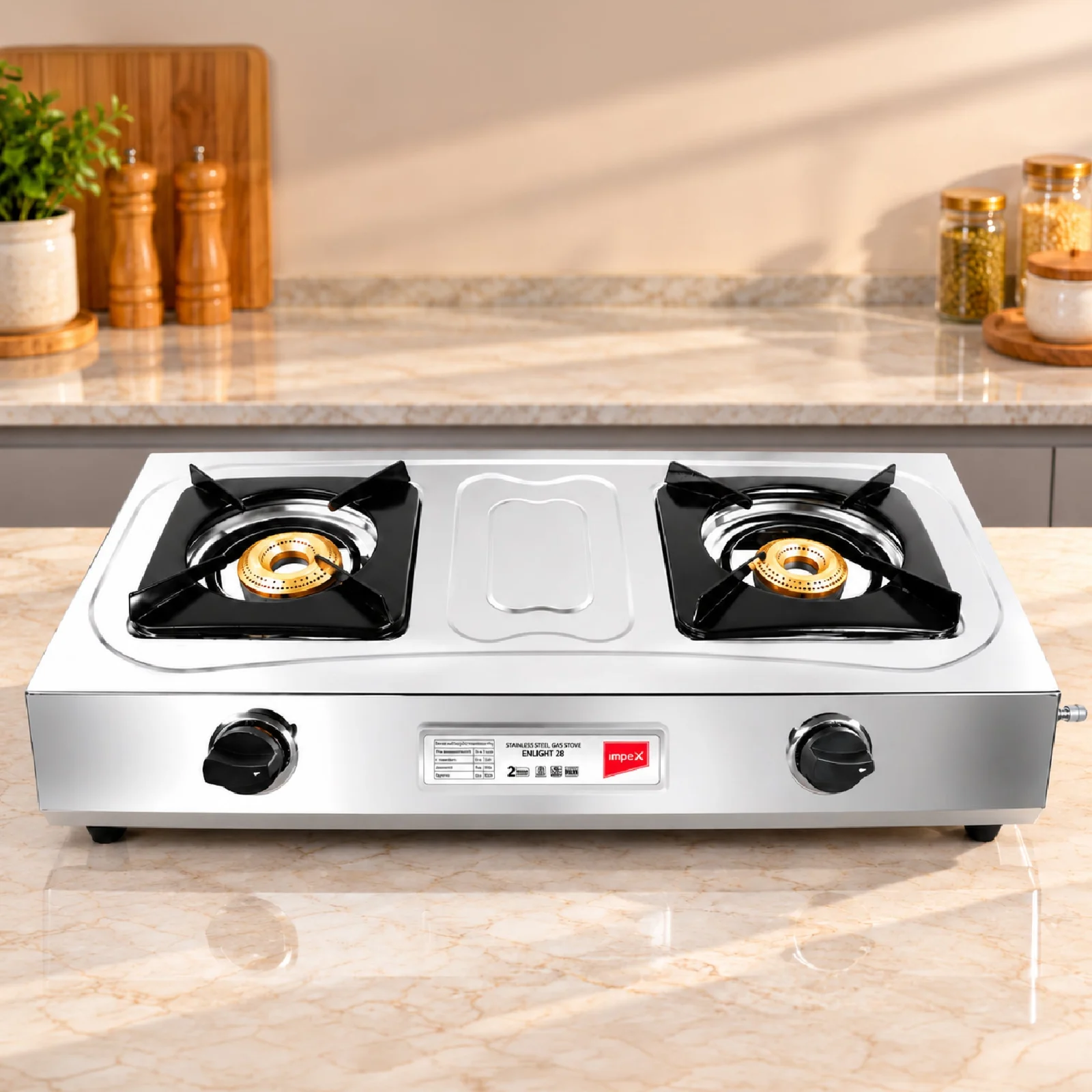 Impex Enlight 2B Gas Stove | 2 Burner Stainless Steel Gas Stove | Durable SS Body | 2-Year Warranty