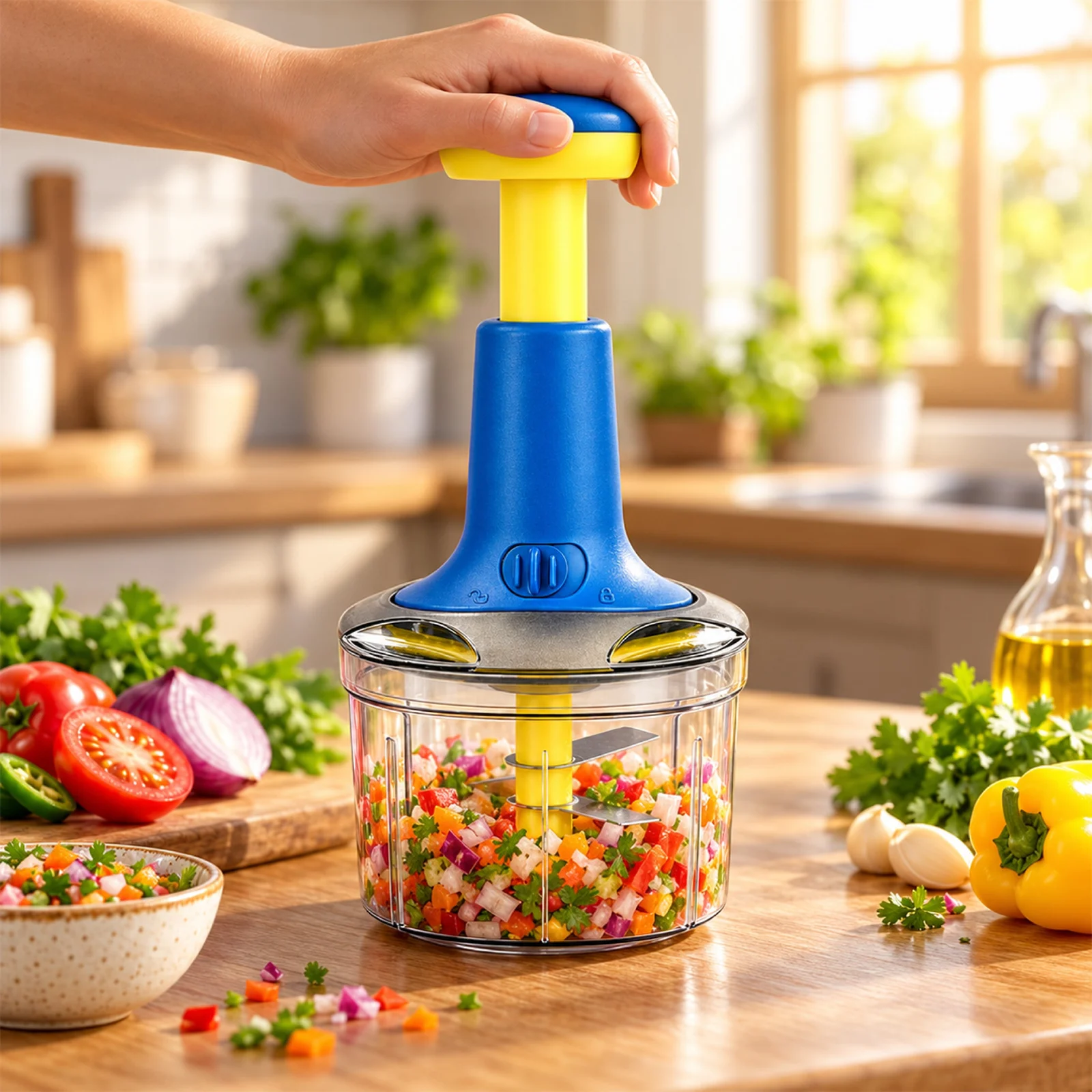 Impex Push Chopper SQ 650 | SS 3-Blade Design | Easy Lock System | BPA-Free Transparent Bowl | Stable Square Base | Ergonomic Push Handle