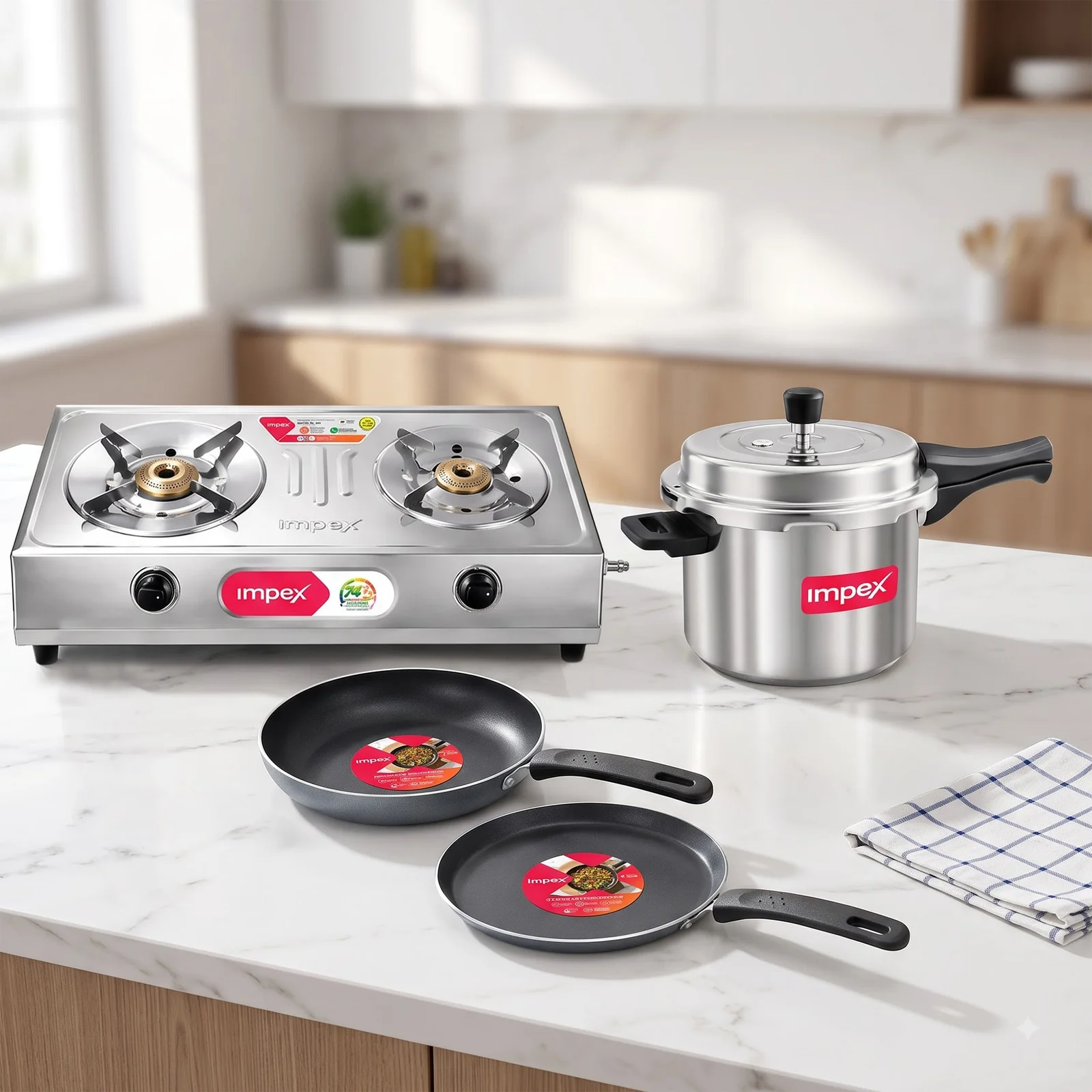 Impex Super Saver Combo - 2 Burner Gas Stove + 5L Pressure Cooker + Non stick Fry pan and Tawa