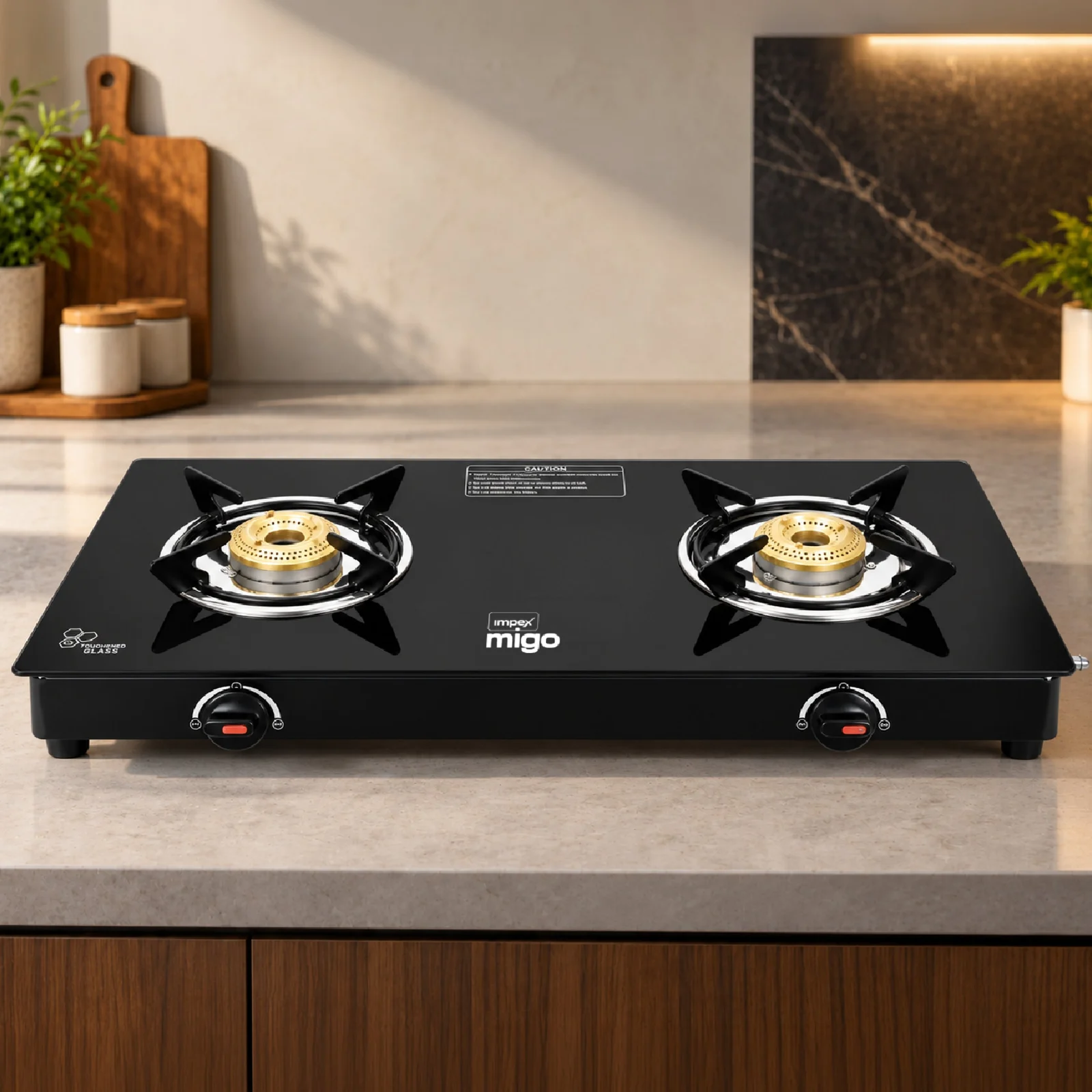 Impex MIGO Linea 2 Burner Glass Top Gas Stove | 6mm Toughened Glass | Mild Steel Body | Manual Ignition | Open Burners | ISI Certified | 1 Year Warranty