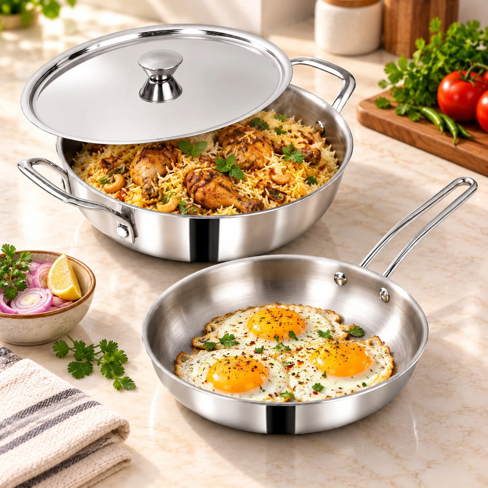 Impex MIGO 3 Piece Stainless Steel Triply Cookware Set TKF 2422 | Kadai, Fry Pan, and Lid