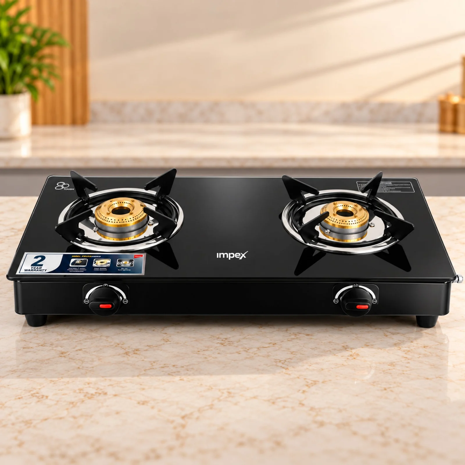 Impex Welfire 2B Gas Stove | 2 Brass Burners | Toughened Glass Top | ISI Certified | Powder-Coated Body