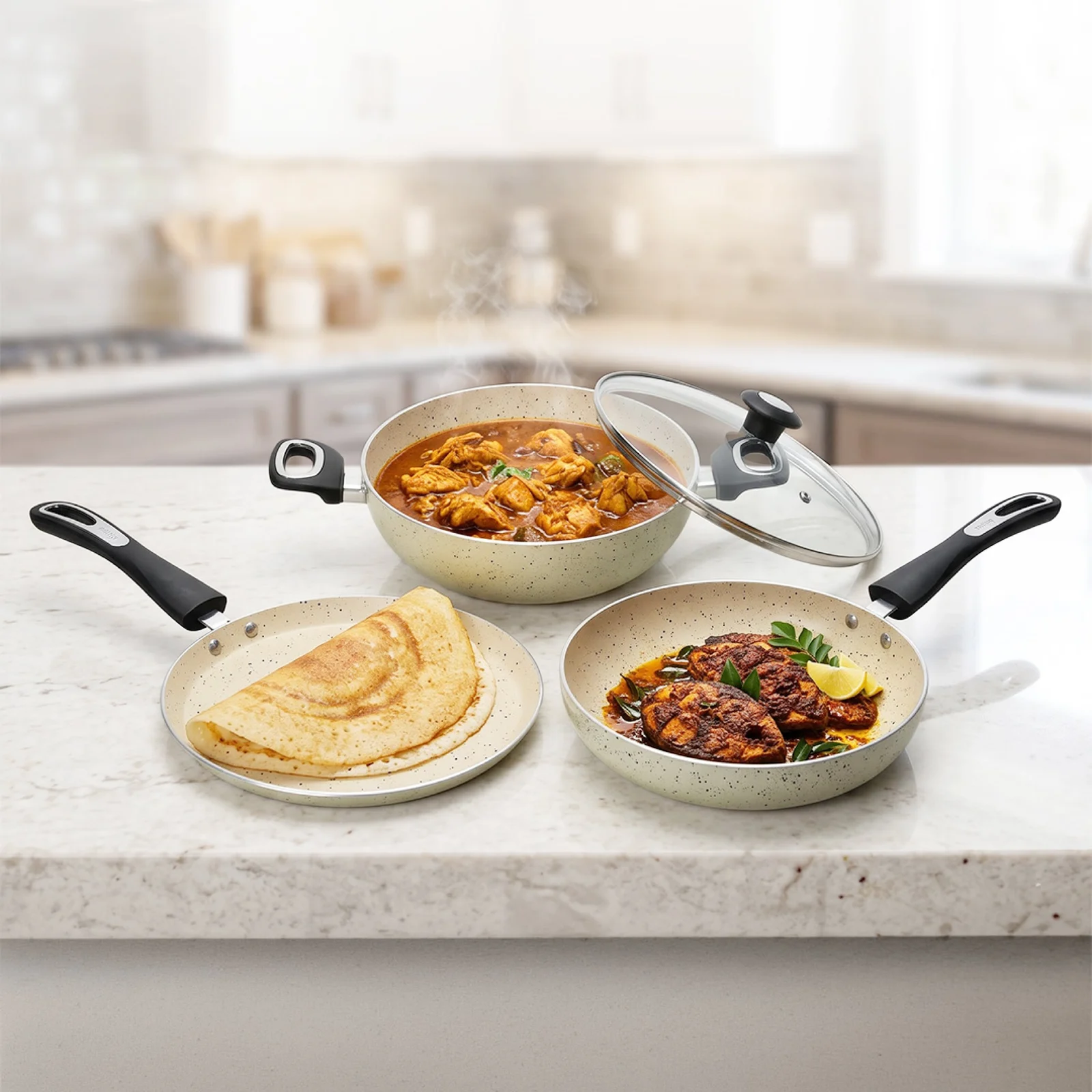Impex MIGO 4-Piece Granite Cookware Set | 24cm Tawa, Fry Pan & Kadai with Glass Lid | 5-Layer Super Granite Nonstick | Induction Compatible