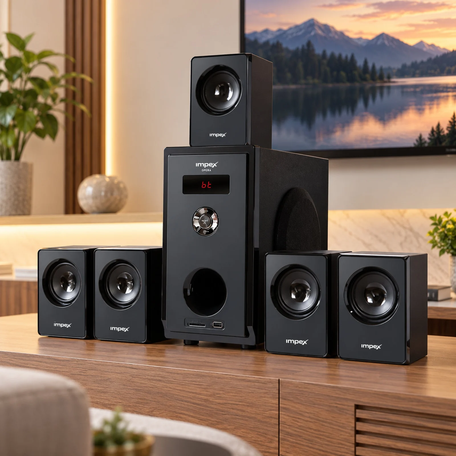 Impex OPERA 45 5.1 Channel Home Theatre Speaker System | 45W RMS | Enhanced Bass | Bluetooth | FM | USB | SD | Remote Control