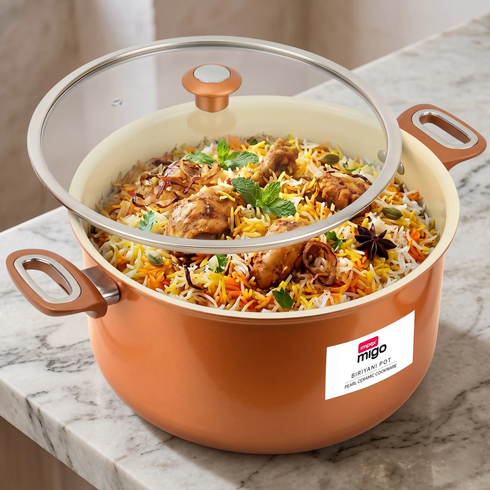 Impex MIGO Pearl Ceramic Biriyani Pot 10L with Glass Lid | Induction & Gas Compatible | PEARL 3213