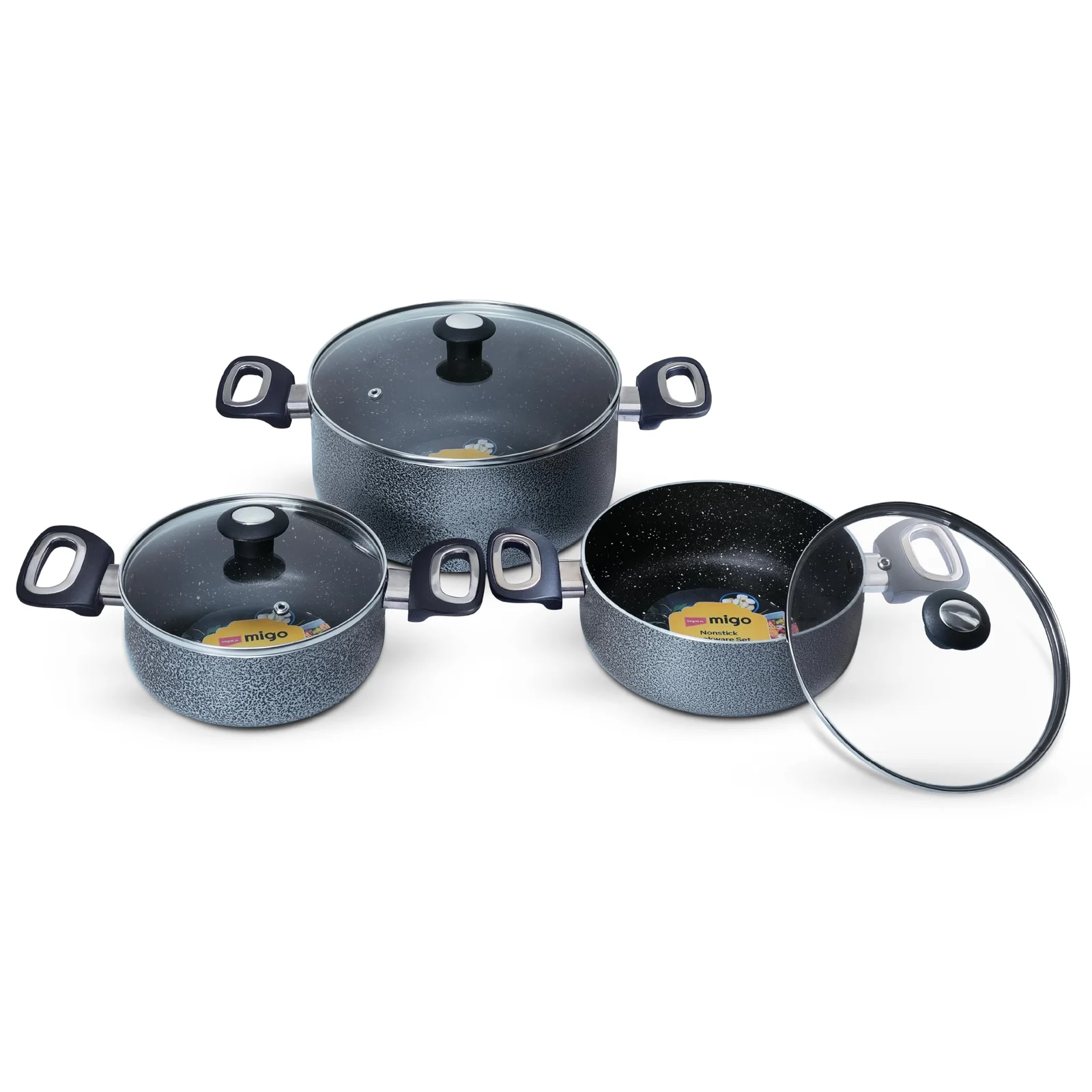 Impex MIGO Non-Stick Granite Casserole Set 6 Pcs | 4.7L, 3L & 2L | Induction Compatible | Glass Lids