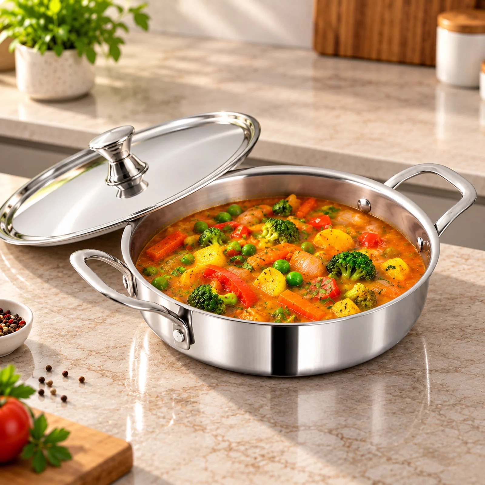 Impex MIGO Stainless Steel Triply Kadai | Uniform & Quick Heating | Non-Rustic Material | Kadai 24 cm with Lid 2.9 Litre