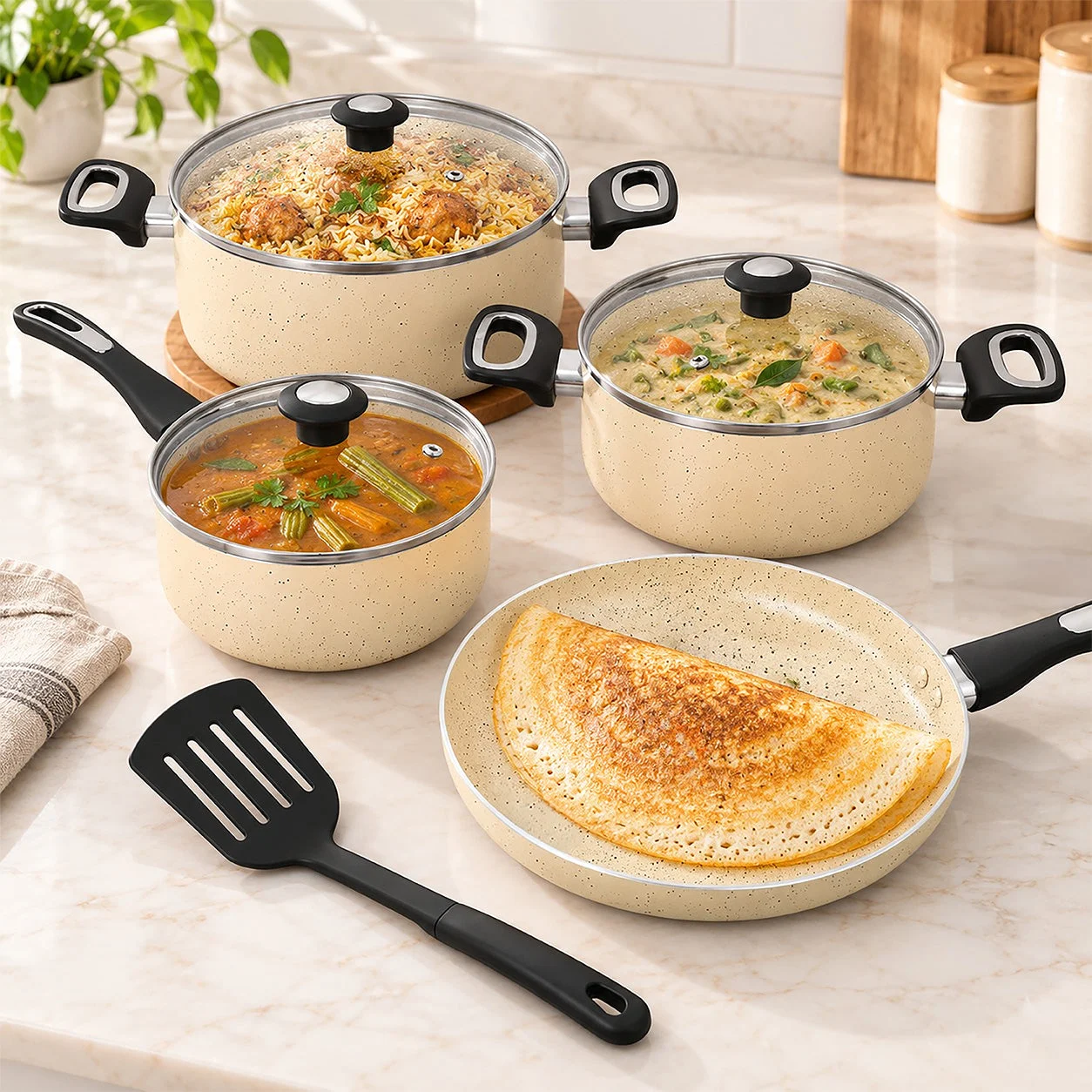 Impex MIGO NCB 7108 Beige 8-Piece Granite Coated Cookware Set | Nonstick | 5-Layer Super Tough Coating | Virgin Aluminum Body