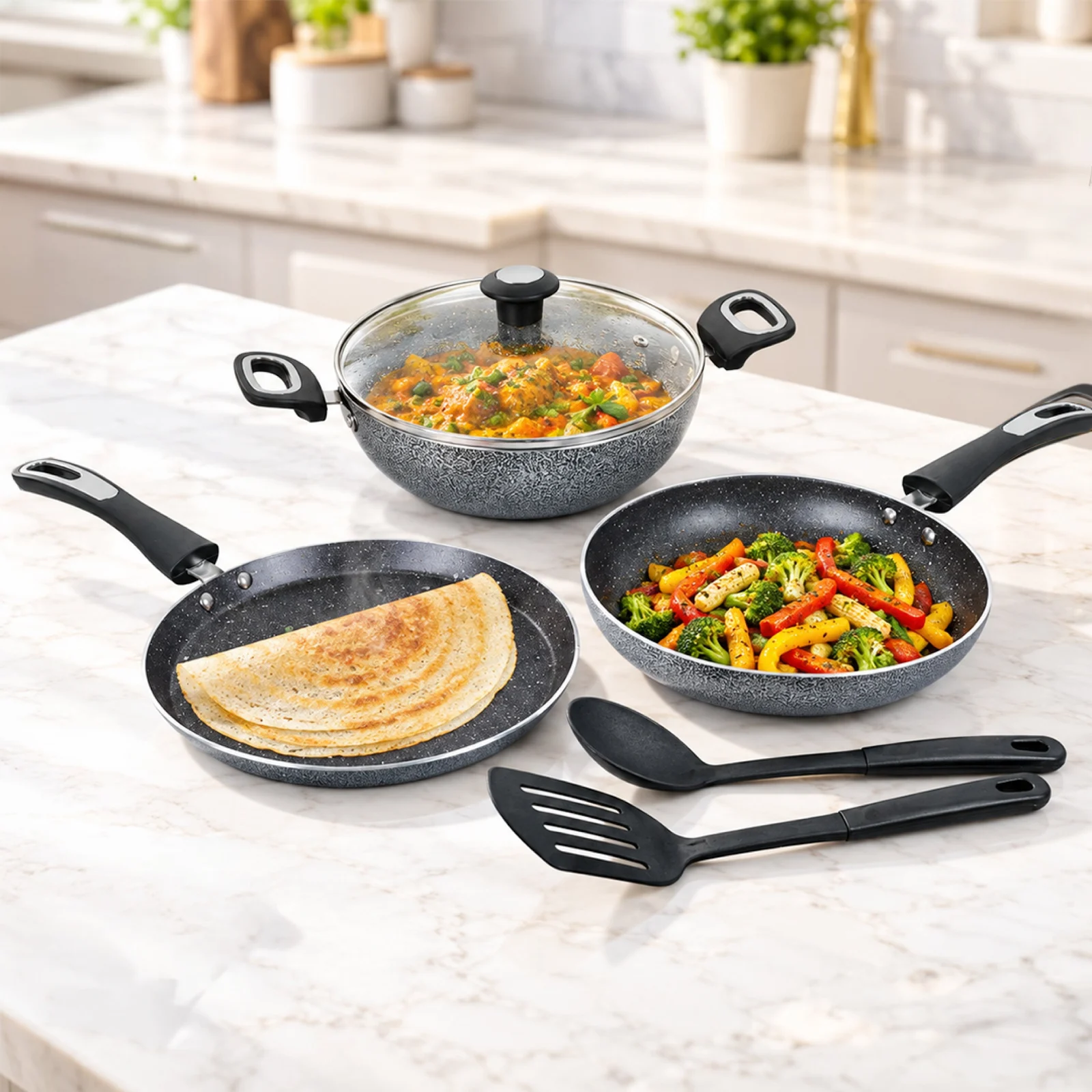 Impex MIGO 6-Piece Granite Cookware Set (Grey) | 24cm Tawa, Fry Pan & Kadai | 5-Layer Super Granite Nonstick | Induction Compatible