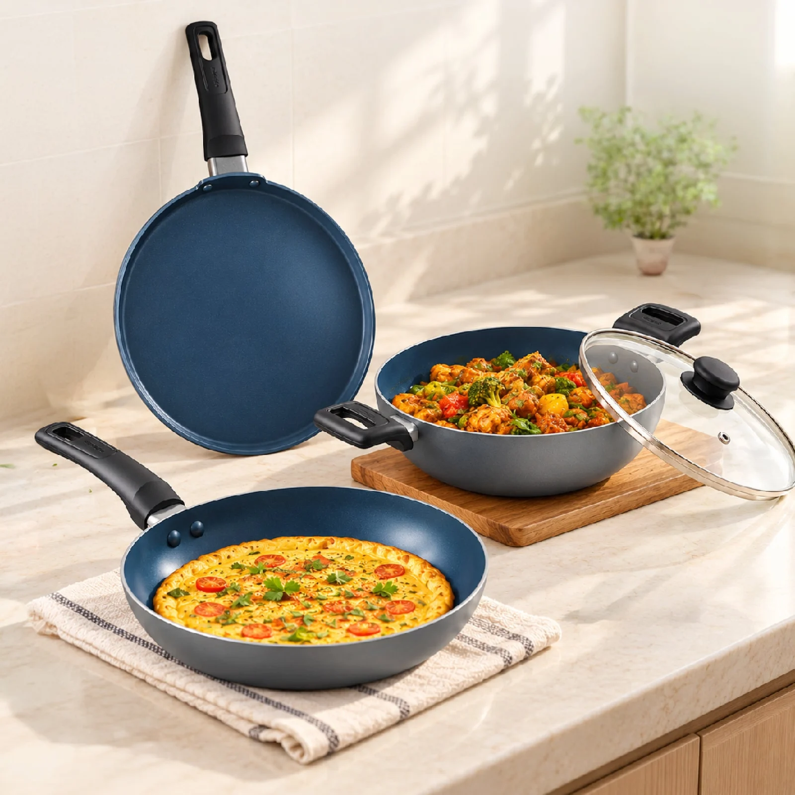 Impex ENVY NV 444 C TRUCERA 4-Piece Ceramic Non-Stick Cookware Set | Induction & Gas Compatible | 24cm Kadhai, Frypan & Tawa with Glass Lid | 2-Year Warranty