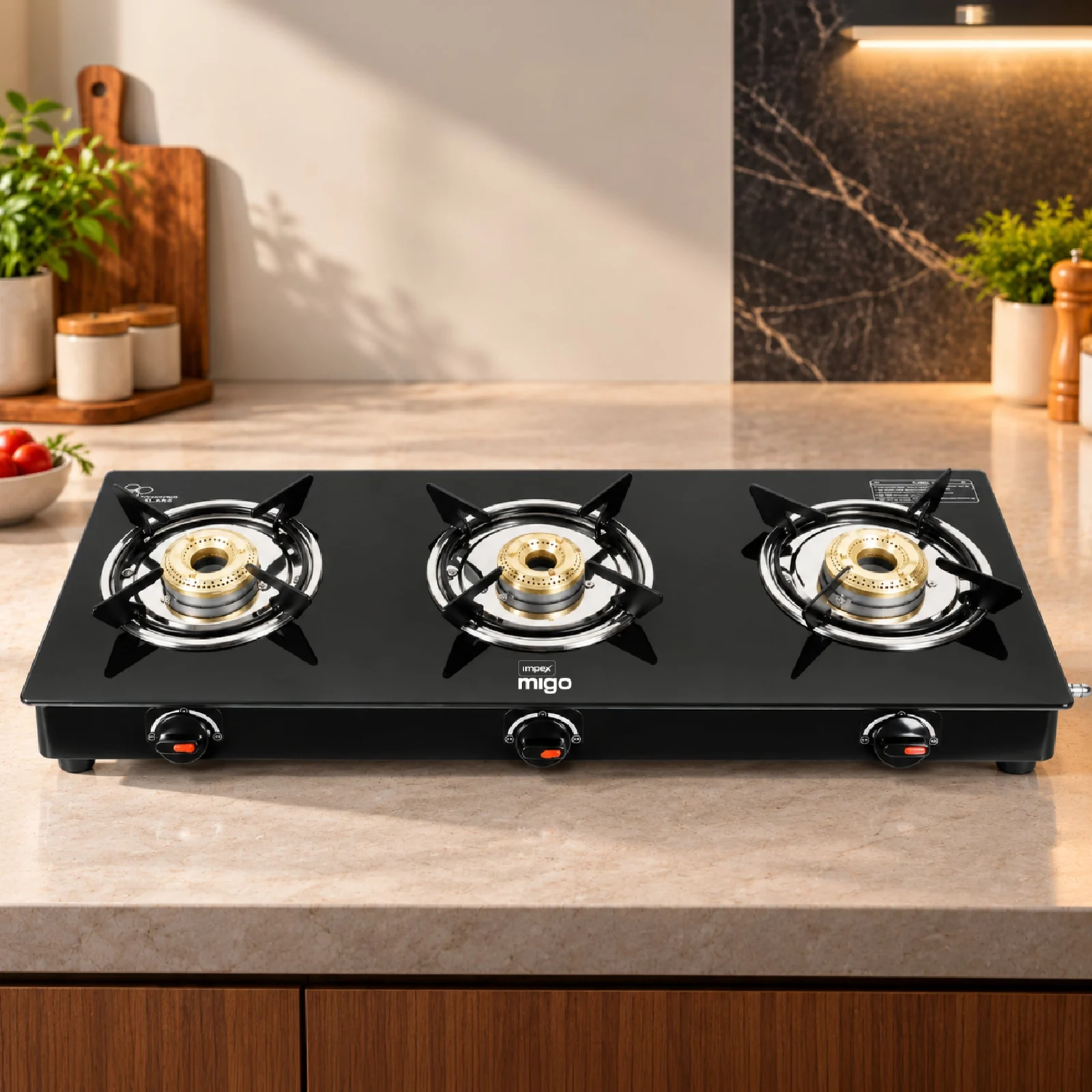 Impex LINEA 3B 3 Burner Gas Stove | 6mm Toughened Glass Top | Manual Ignition | ISI Certified | 1-Year Warranty