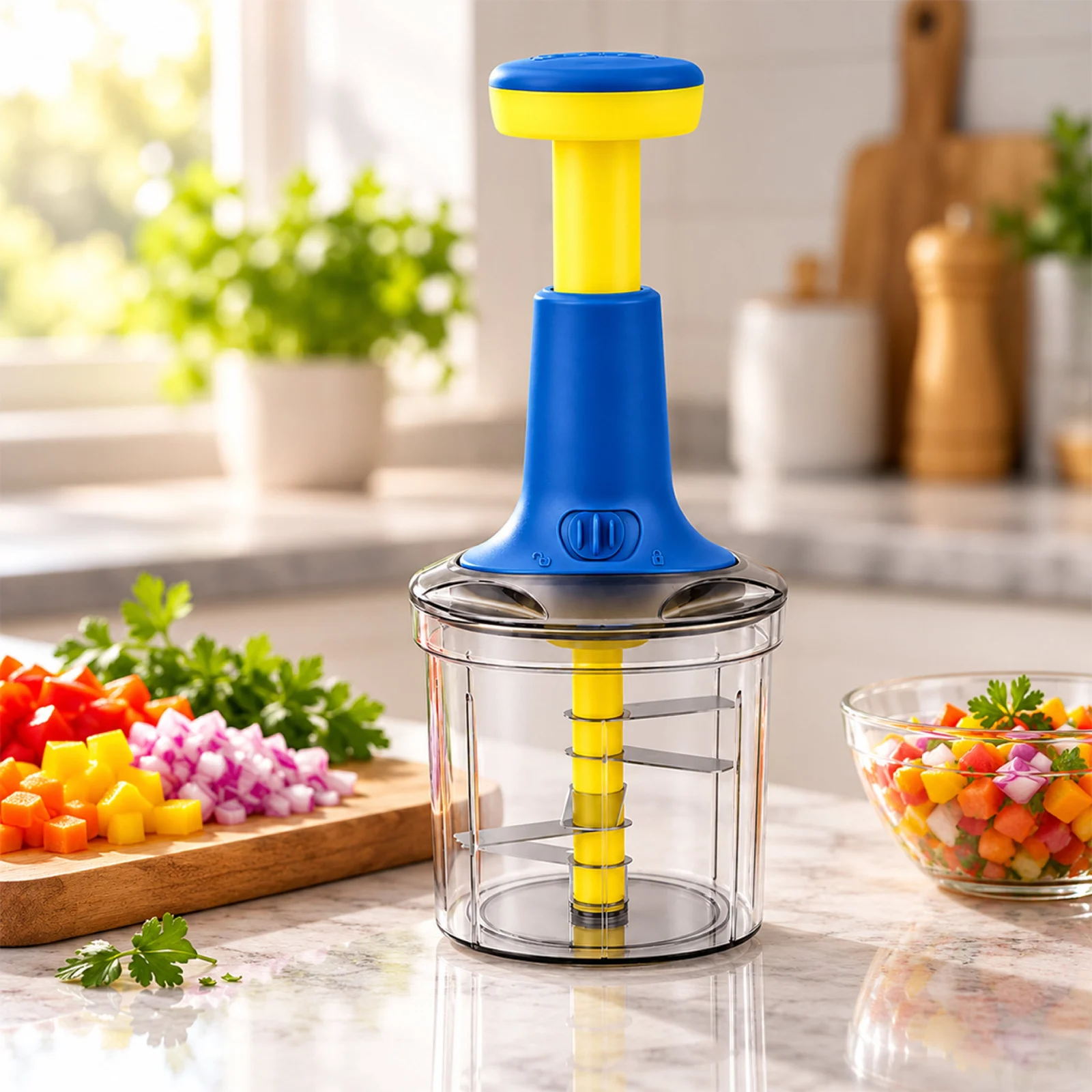 Impex Push Chopper SQ 1000 | SS 3-Blade Design | Easy Lock System | BPA-Free Transparent Bowl | Stable Square Base | Ergonomic Push Handle