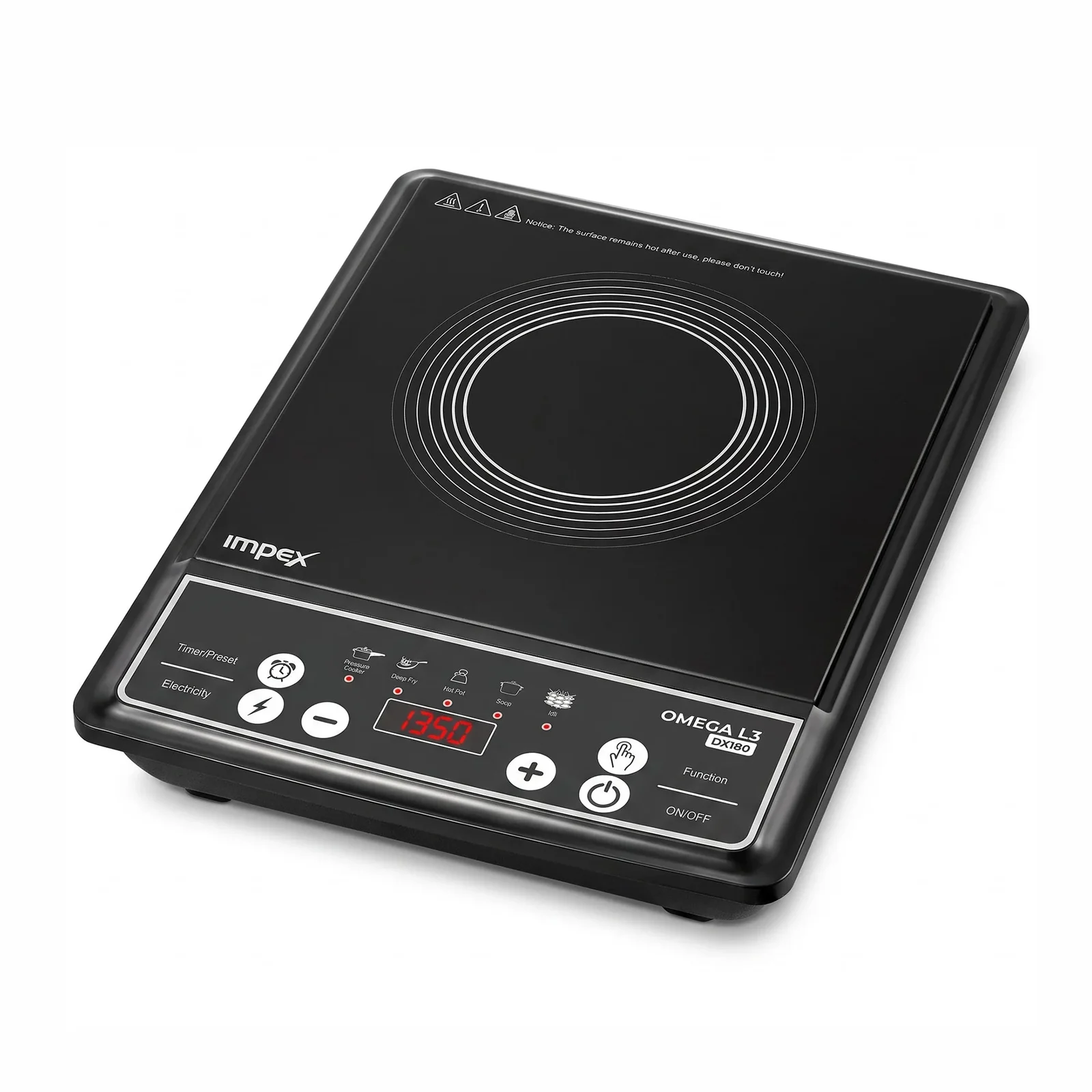 Impex OMEGA L3 DX180 Induction Cooker | 1350W | 7 Cooking Modes | 4-Digit LED Display | Auto Pan Sensor | Overheat Protection