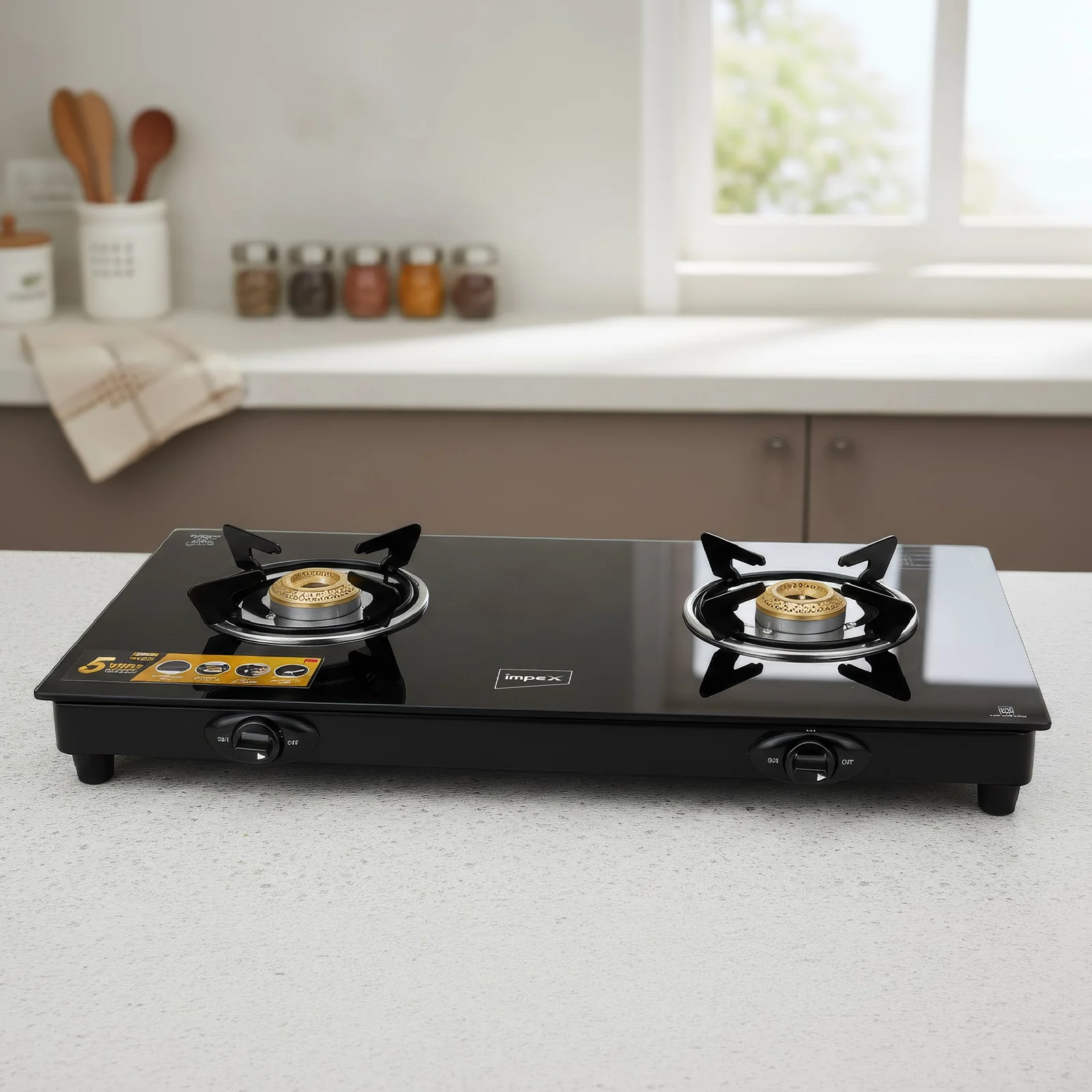 Impex 2 Burner Gas Stove+ 34cm Square Pathiri Tawa+ 8L Biriyani Pot+ 6pcs Glassware Set