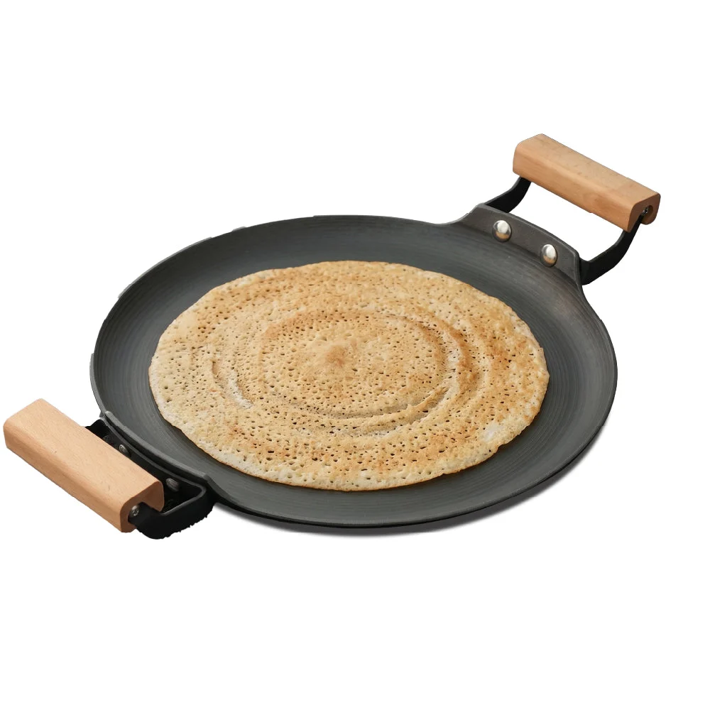 Impex Cast Iron Dosa Tawa | Pre-Seasoned Natural Nonstick Surface | Nitride Protection | Wooden Handles | Less Oil Cooking | Gas & Induction Compatible | CIL DTP30 BW
