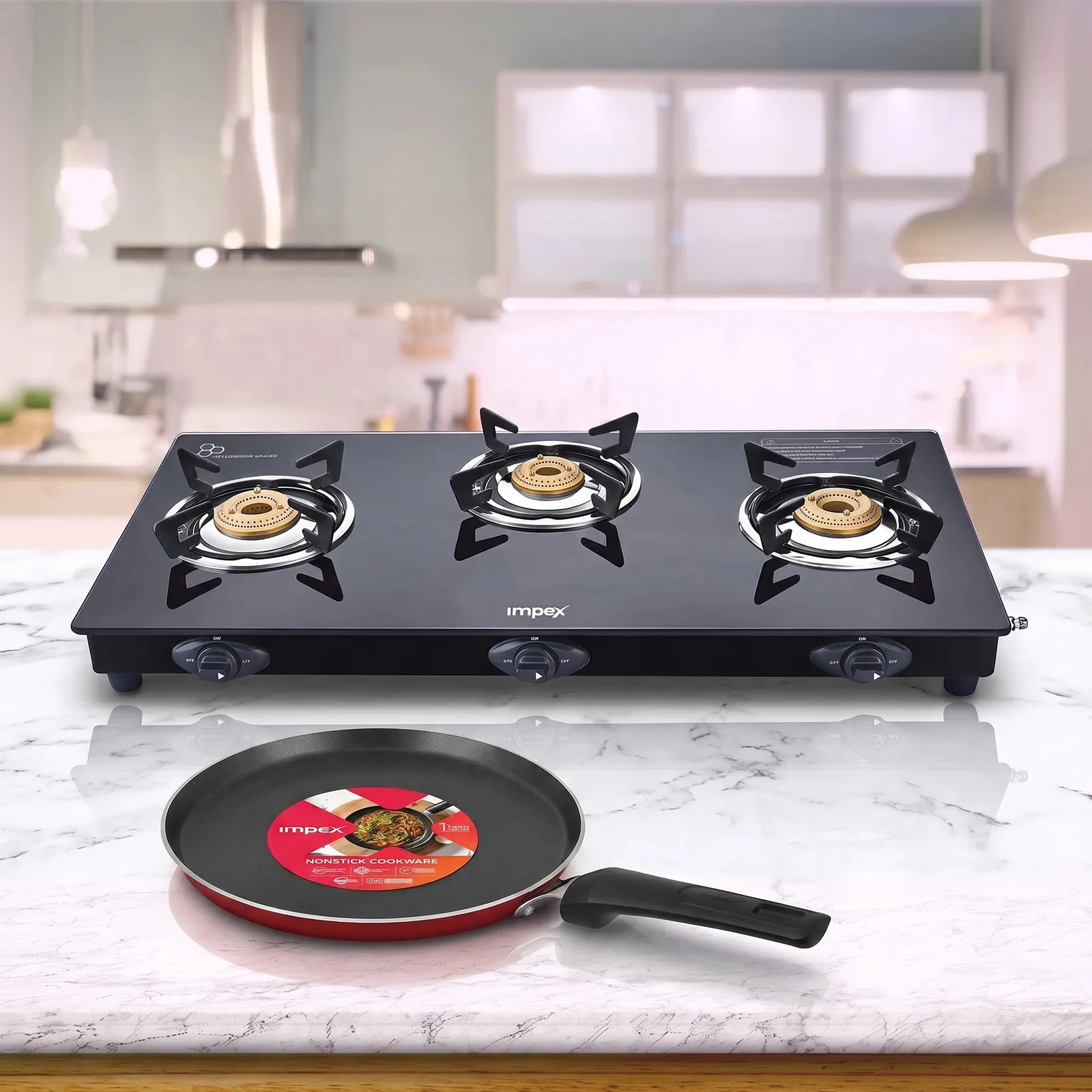 Impex Hot Deal Combo - 3 Burner Glass Top Gas Stove + Non Stick Pan