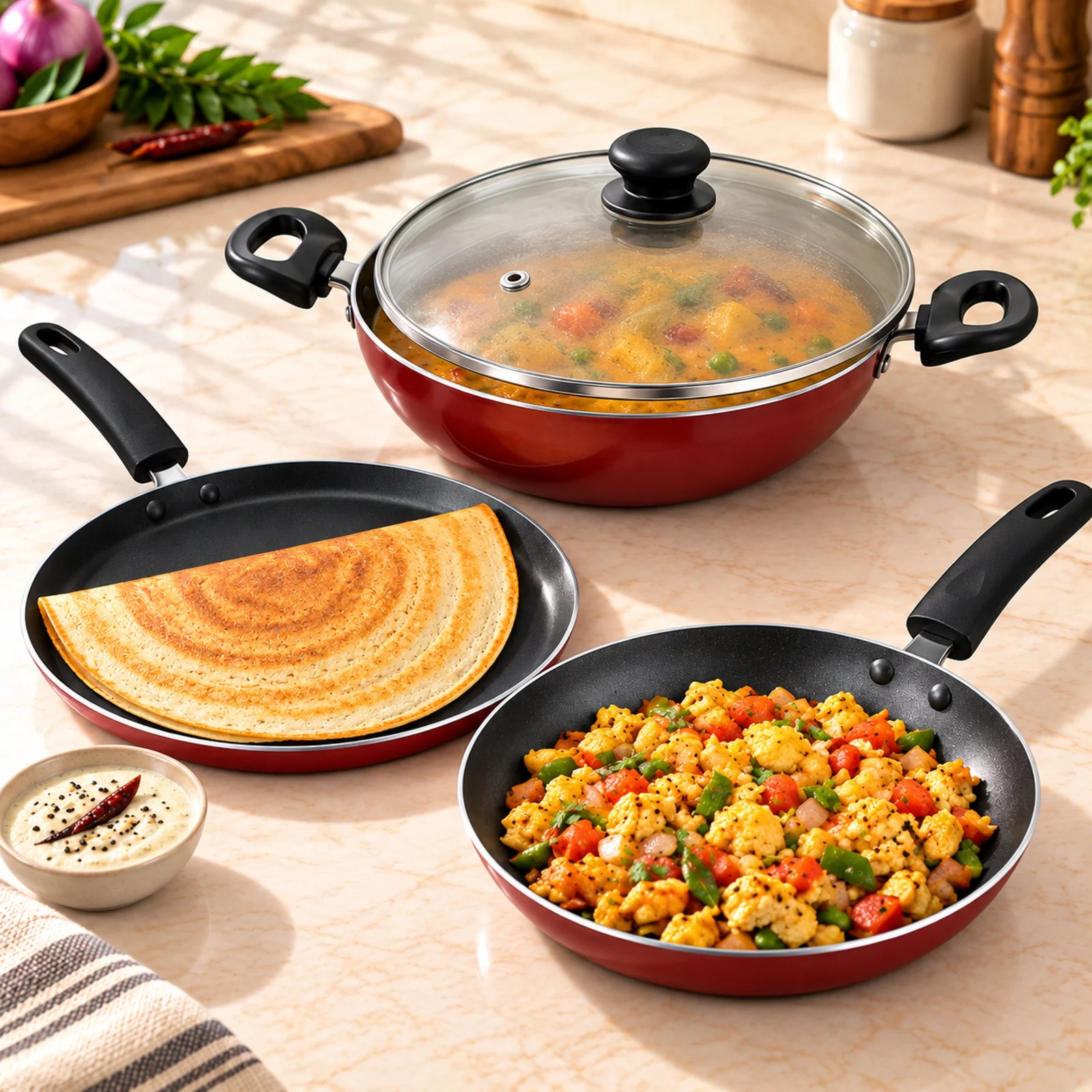 Impex MIGO 4-Piece Nonstick Cookware Set | 3mm Aluminium | 3-Layer Coating | 24cm Tawa, Fry Pan & Kadai with Glass Lid