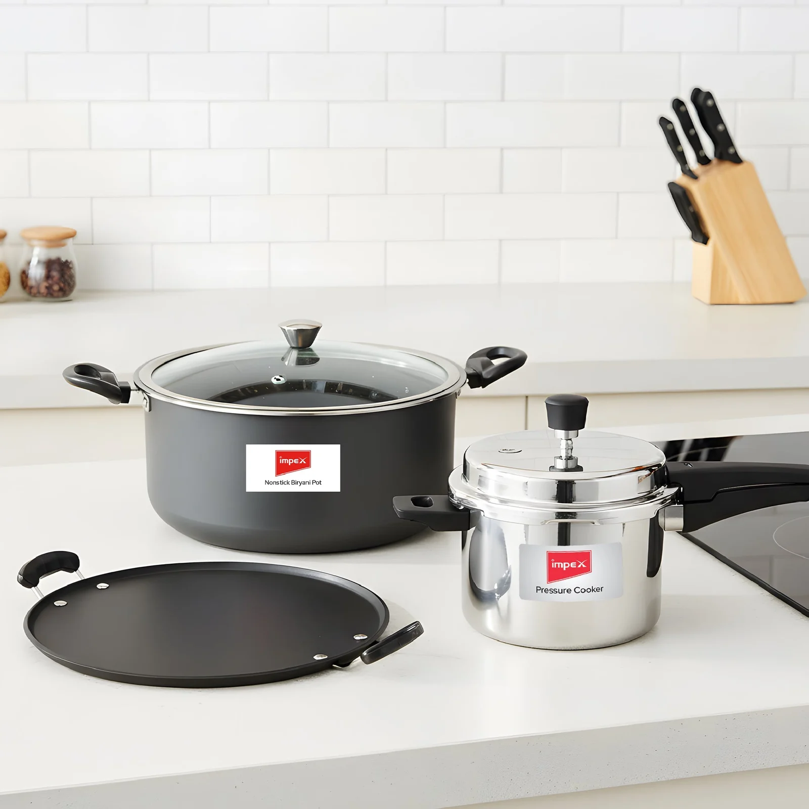 Impex 8L Non-Stick Biryani Pot + 5L Aluminium Pressure Cooker + 36cm Non-Stick Pathiri Tawa Combo | Family Cooking Essentials