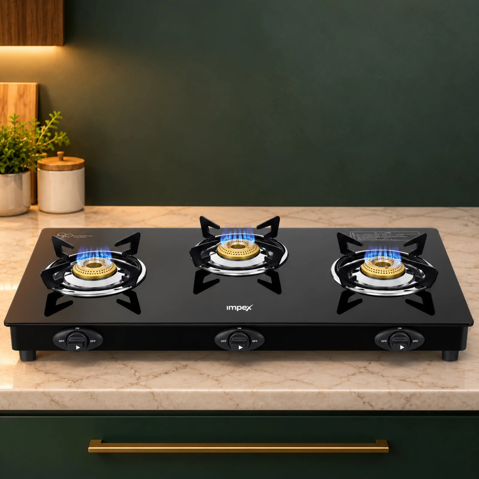 Impex Aspira Ador 3B Glasstop Gas Stove | 3 Brass Burners | Toughened Black Glass | ISI Certified | 2+5 Year Warranty