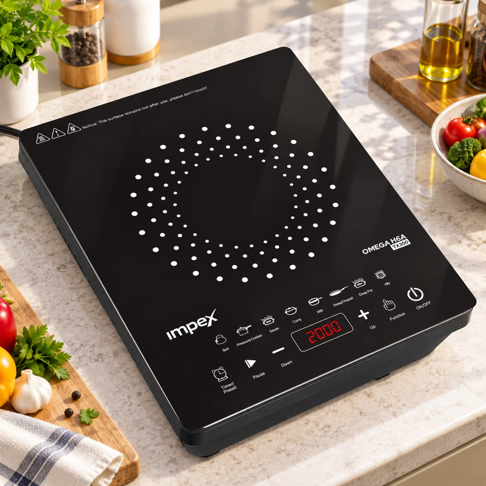 Impex OMEGA H6A TX200 2000W Induction Cooktop | Crystalline Glass Top | 8 Pre-Programmed Cooking Modes | Easy Touch Control | 4-Digit LED Display | Overheat Protection | Auto Shut-Off | 1 Year