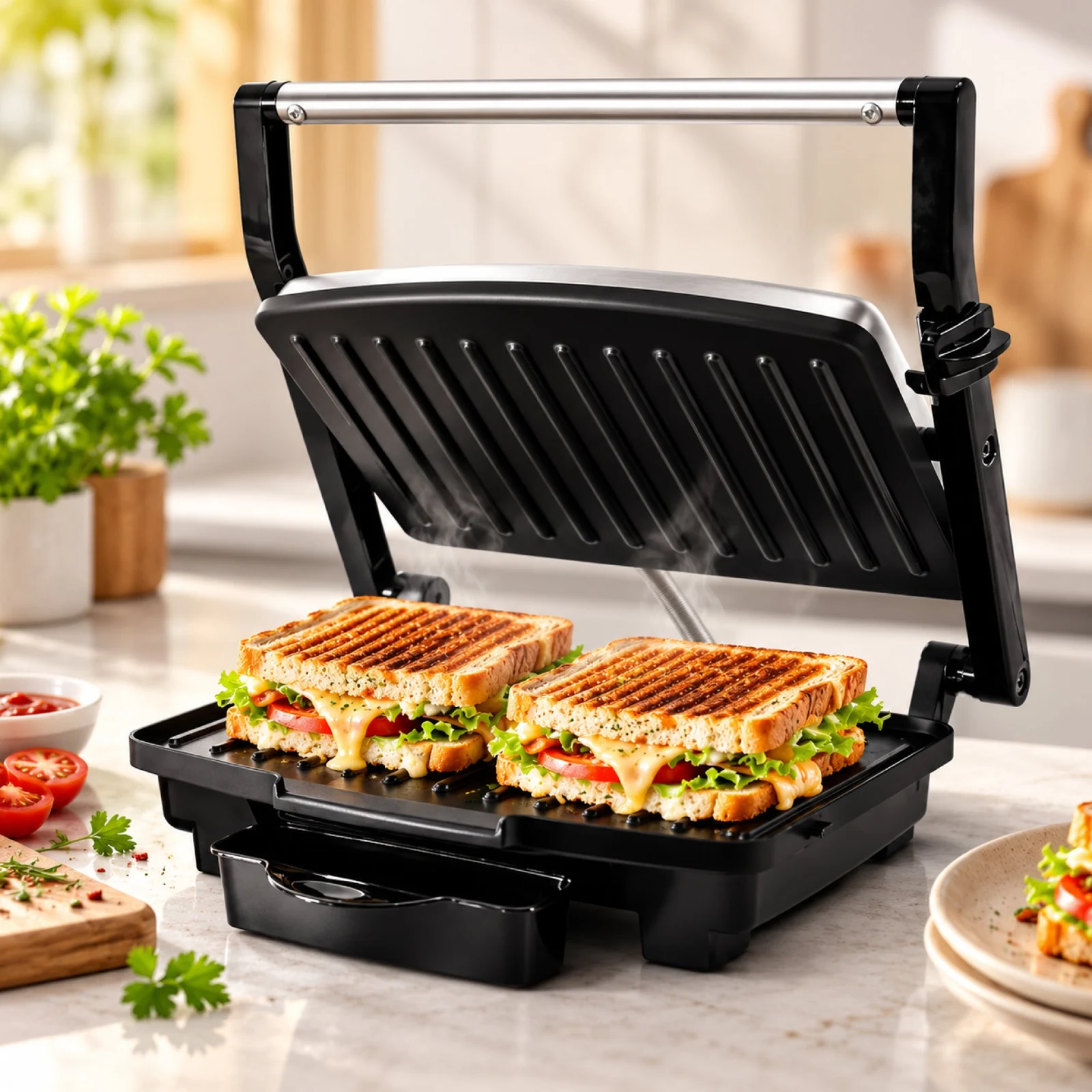 Impex Eazytoast Sandwich Maker | 1000W Panini Grill | Floating Hinge | Stainless Steel Body | Non-Stick Plates