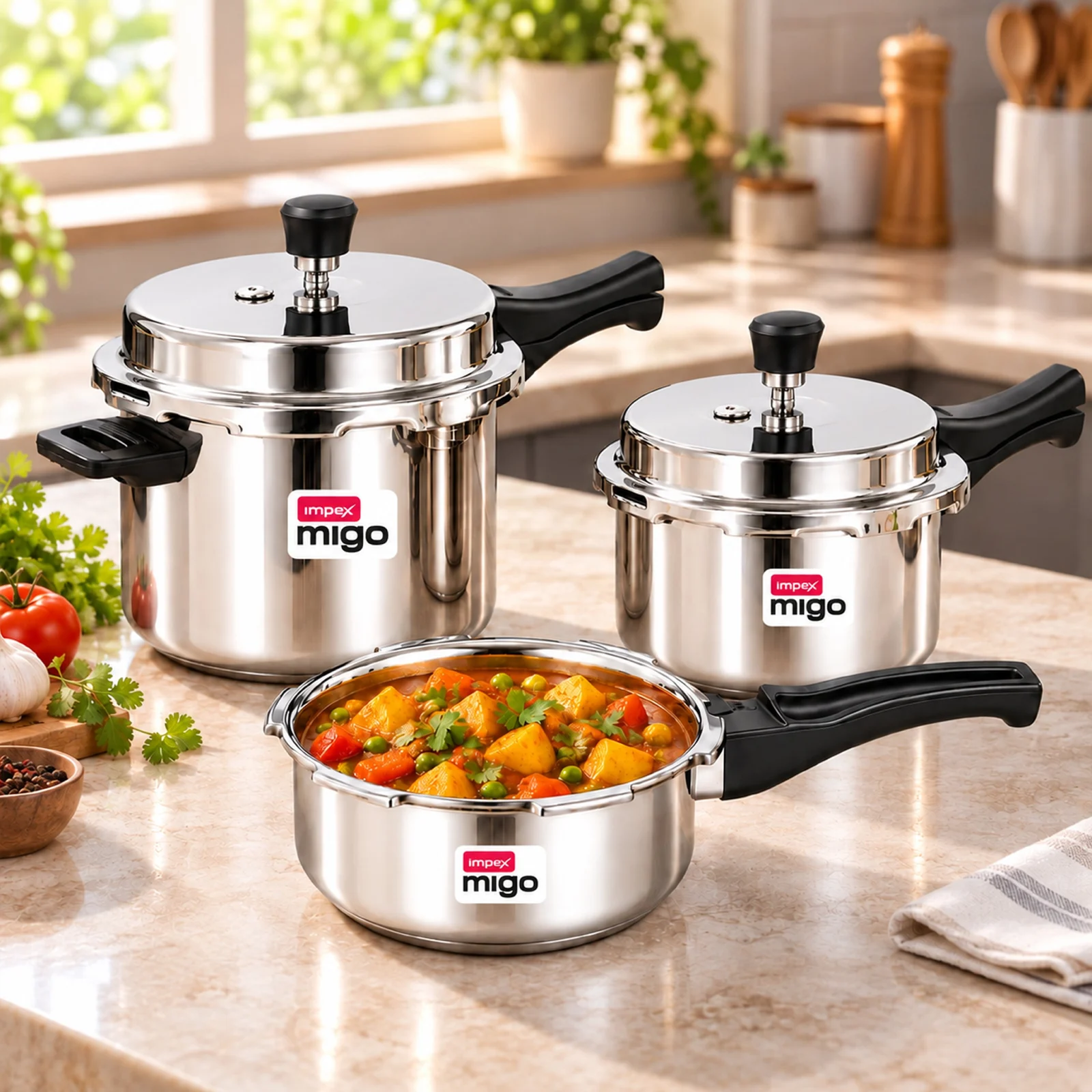 Impex MIGO IFC 2L,3L & 5L Stainless Steel Pressure Cooker Set | Induction Base | Outer Lid | Sandwich Bottom | Gas & Induction Compatible | 5-Year Warranty