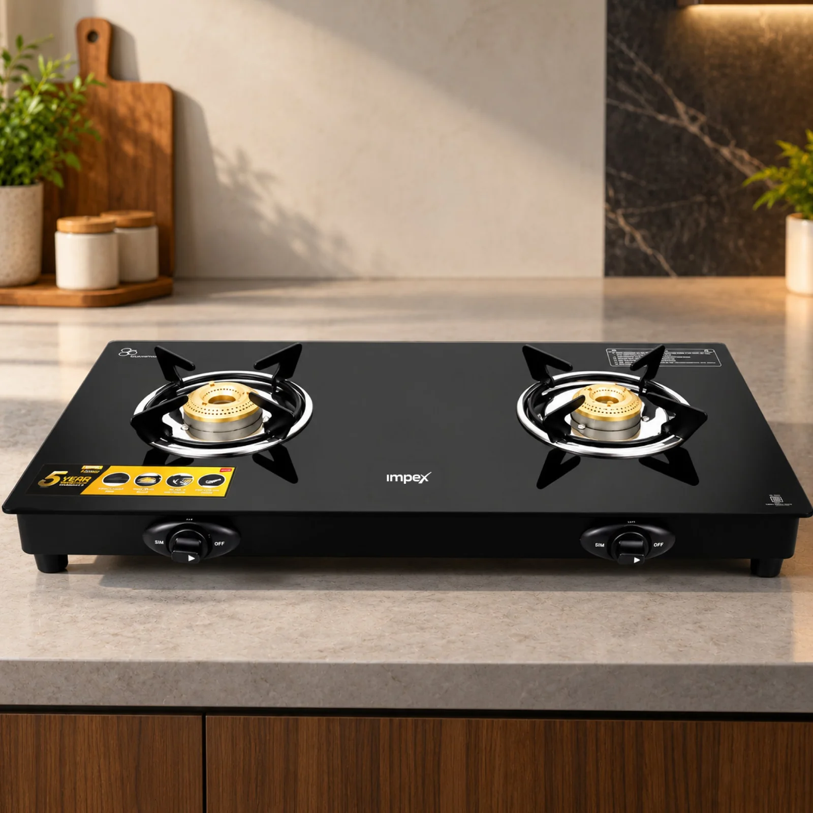 Impex Aspira Ador 2B Glasstop Gas Stove | 2 Brass Burners | Toughened Black Glass | ISI Certified | 2+5 Year Warranty