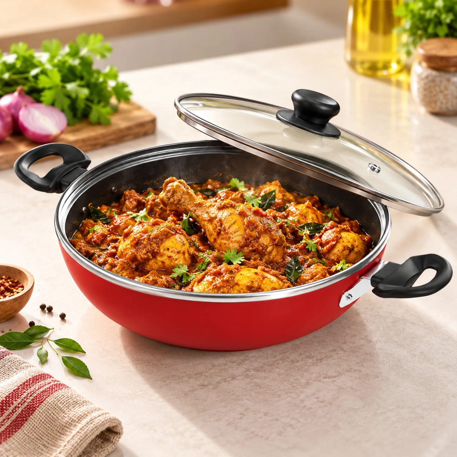 Impex Premium Nonstick Aluminium Kadai Pan | 2L | High-Grade Teflon Coating | PFOA-Free | Induction Base | Tempered Glass Lid | Bakelite Handle | 1 Year Warranty