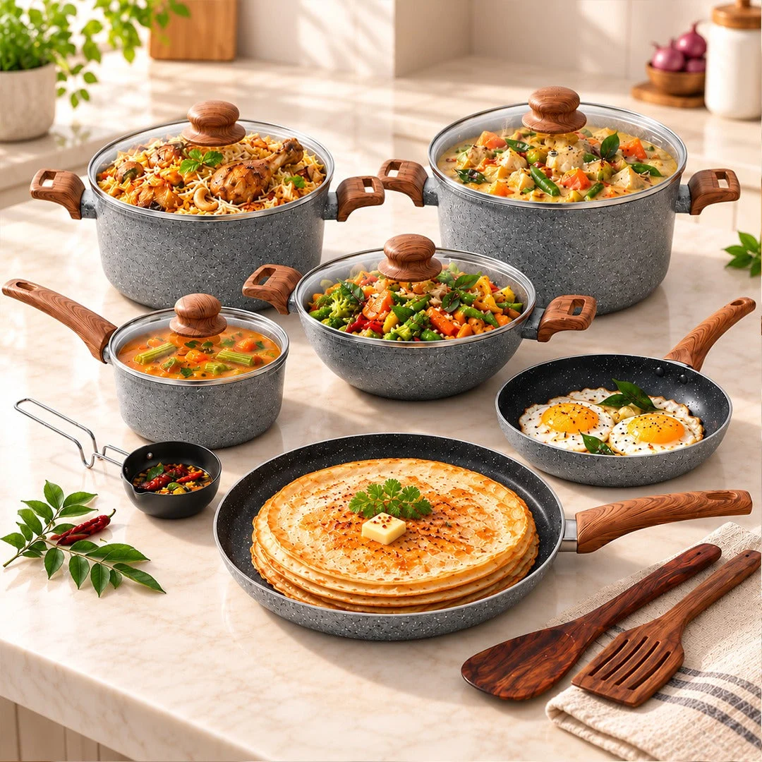 Impex EON Forged 13 pcs Nonstick Cookware Set FKTSM | Granite Coating | Gas & Induction Compatible | Wooden Handles | 1 Year Warranty