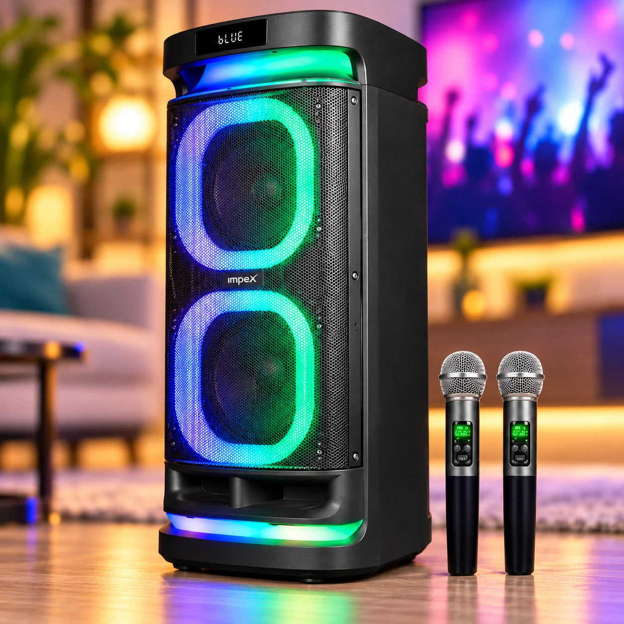 Impex RollingStorm TR55 Party Speaker | 200W | Dual 10" Speakers | Dual Rechargeable Wireless Karaoke Mics | TWS | RGB LED Lights | Guitar Input